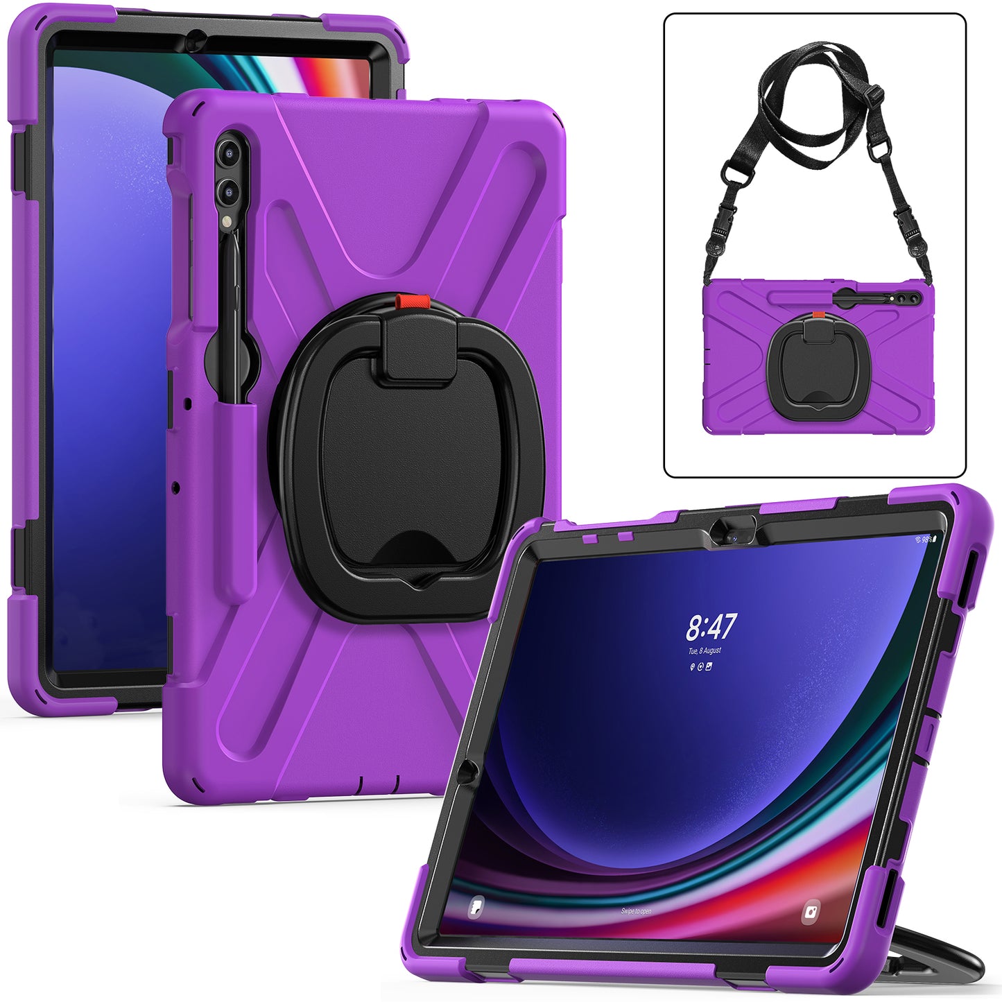 For Samsung Samsung Galaxy Tab S9 FE+ / S9+ / S8+ / S7+ Kickstand Tablet Case Shockproof PC+Silicone Cover, Shoulder Strap