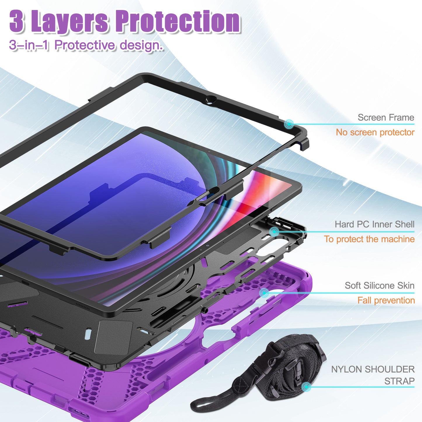 For Samsung Samsung Galaxy Tab S9 FE+ / S9+ / S8+ / S7+ Kickstand Tablet Case Shockproof PC+Silicone Cover, Shoulder Strap
