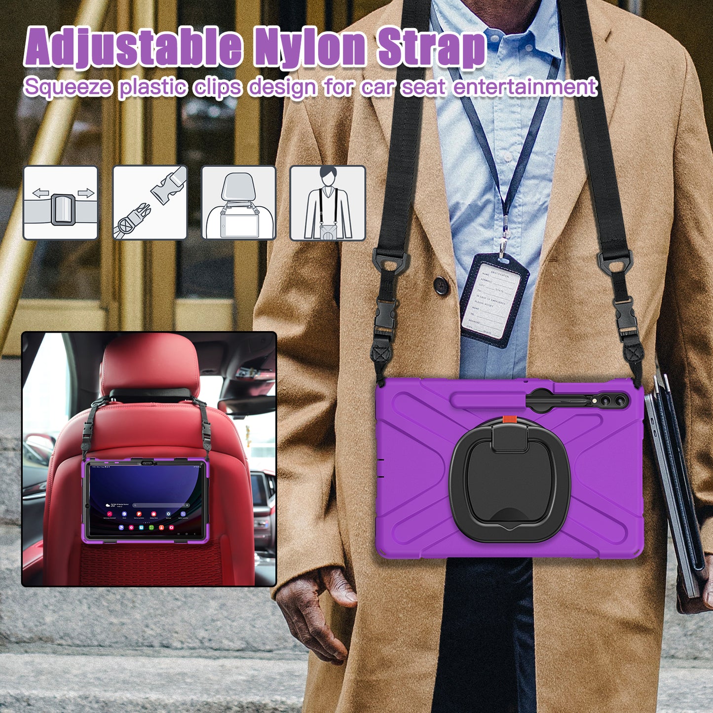 For Samsung Samsung Galaxy Tab S9 FE+ / S9+ / S8+ / S7+ Kickstand Tablet Case Shockproof PC+Silicone Cover, Shoulder Strap