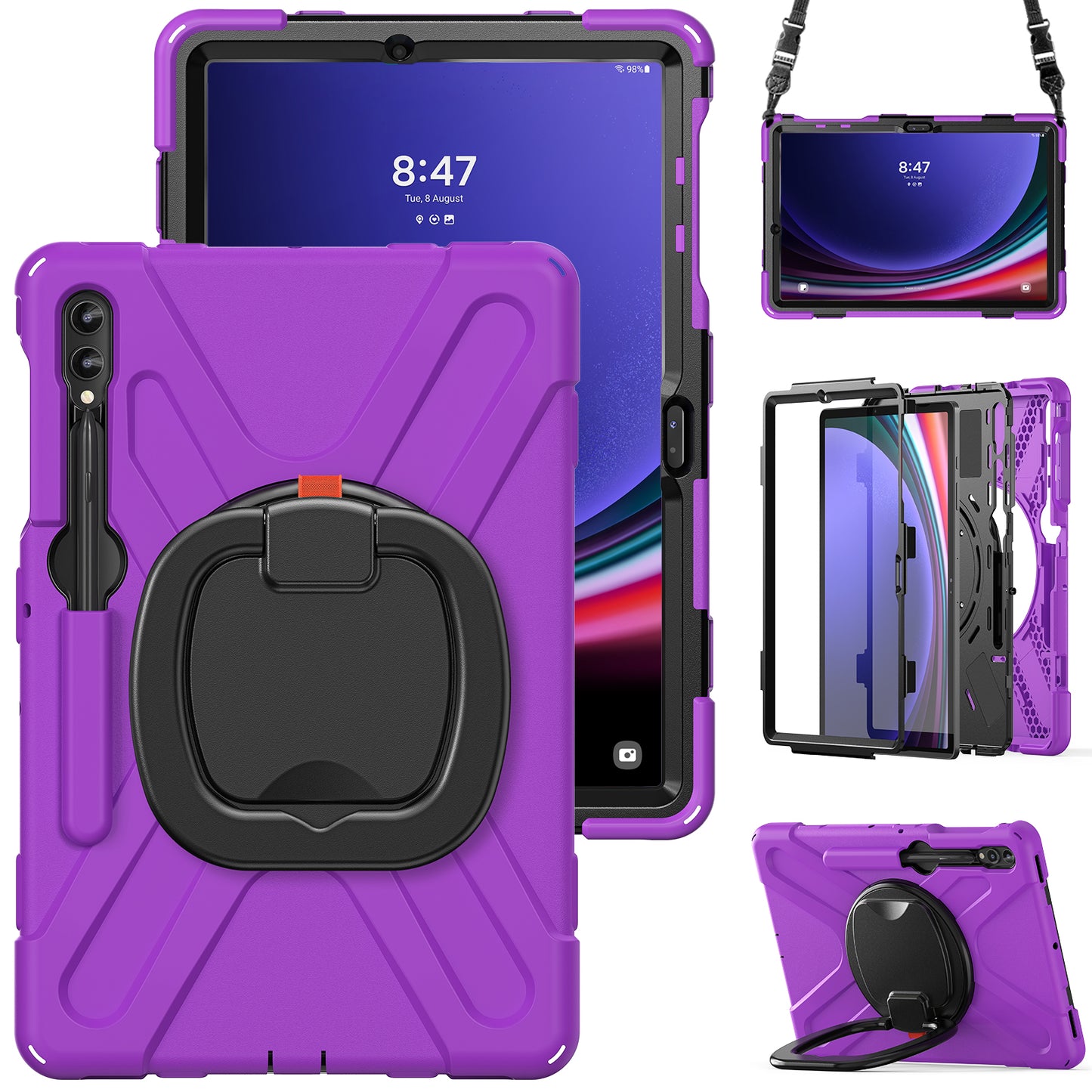 For Samsung Samsung Galaxy Tab S9 FE+ / S9+ / S8+ / S7+ Kickstand Tablet Case Shockproof PC+Silicone Cover, Shoulder Strap