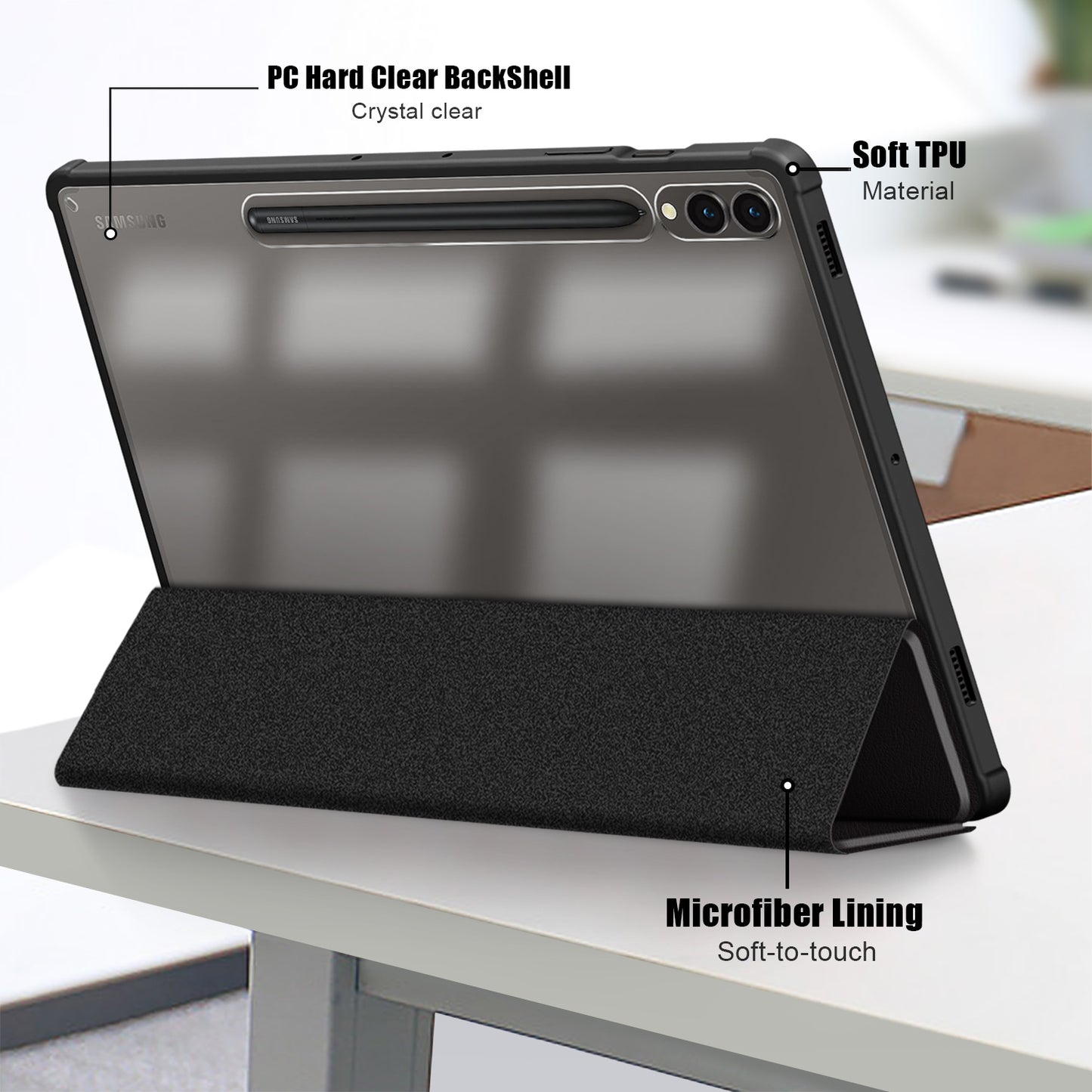 For Samsung Galaxy Tab S9+ (SM-X810 / SM-X816B / SM-X818U) Pen Slot Tablet Case Tri-fold Stand TPU+Acrylic+PU Leather Cover