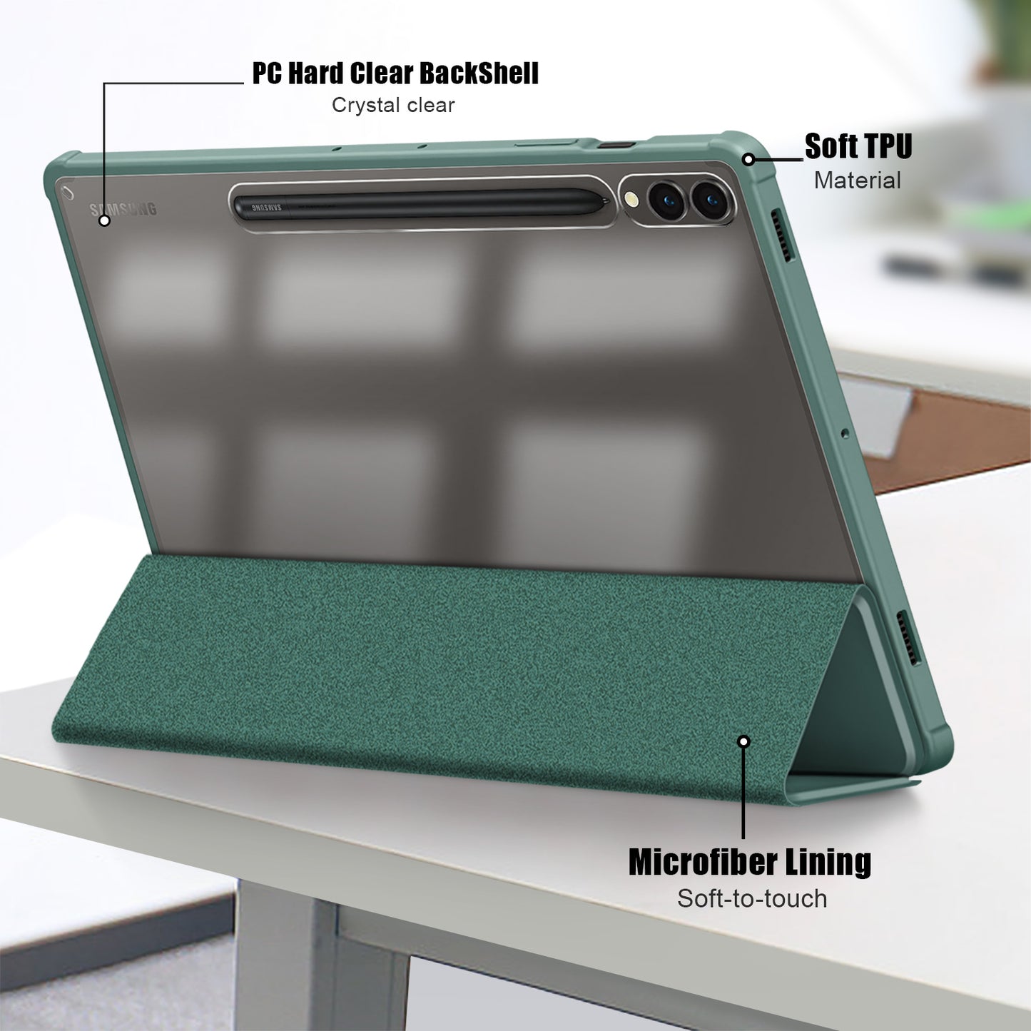 For Samsung Galaxy Tab S9+ (SM-X810 / SM-X816B / SM-X818U) Pen Slot Tablet Case Tri-fold Stand TPU+Acrylic+PU Leather Cover