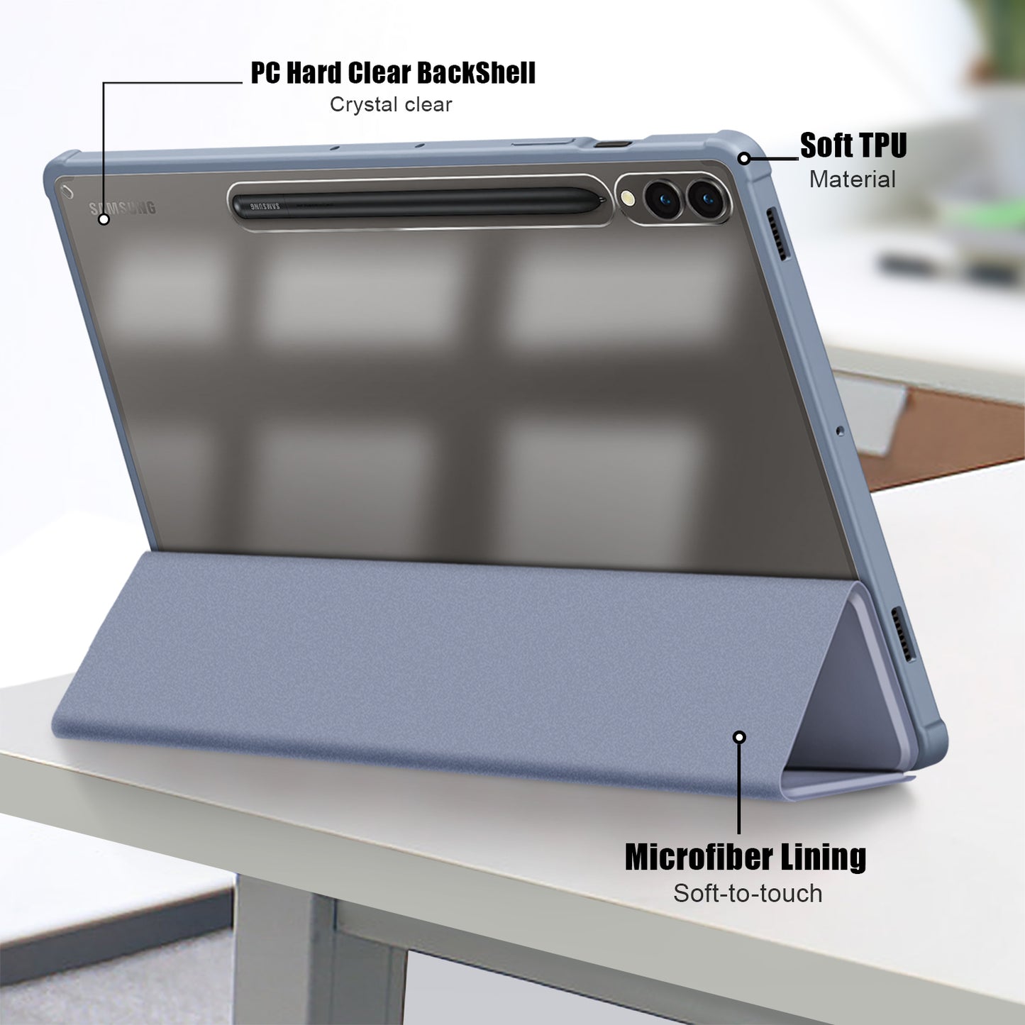 For Samsung Galaxy Tab S9+ (SM-X810 / SM-X816B / SM-X818U) Pen Slot Tablet Case Tri-fold Stand TPU+Acrylic+PU Leather Cover