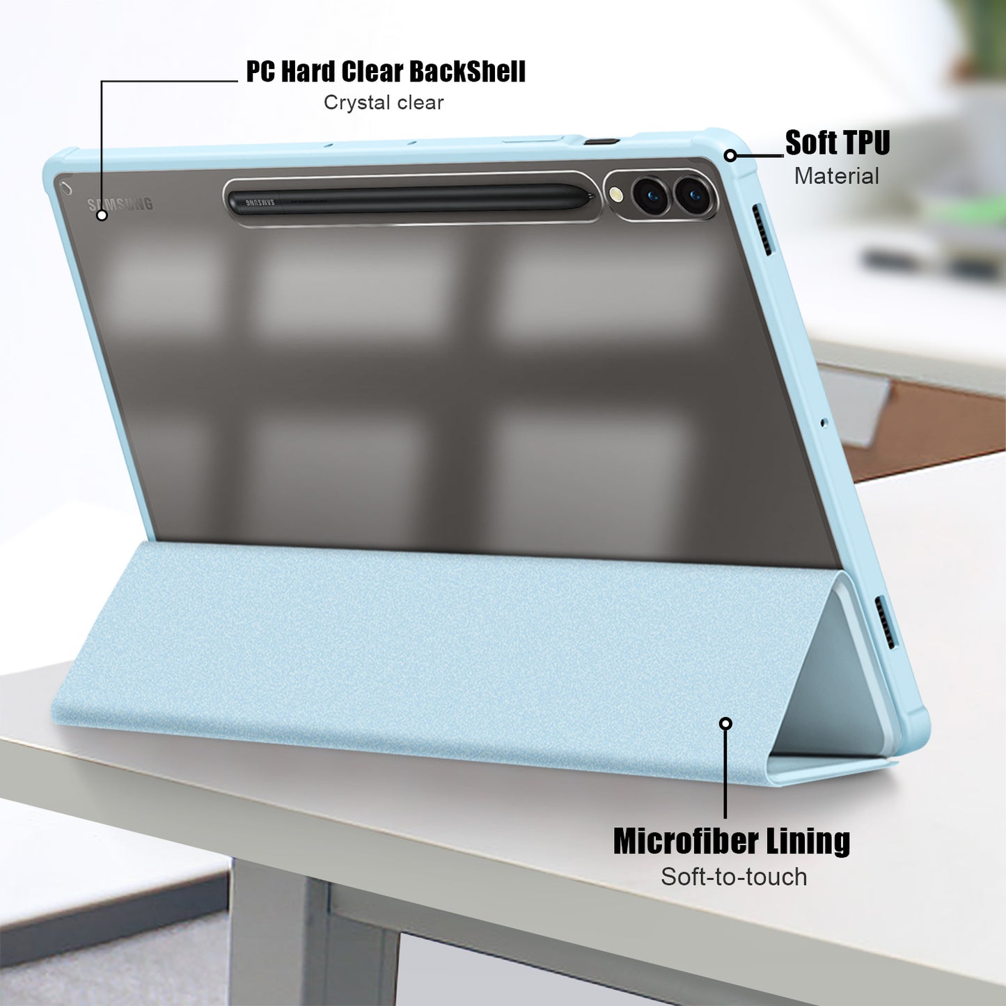 For Samsung Galaxy Tab S9+ (SM-X810 / SM-X816B / SM-X818U) Pen Slot Tablet Case Tri-fold Stand TPU+Acrylic+PU Leather Cover