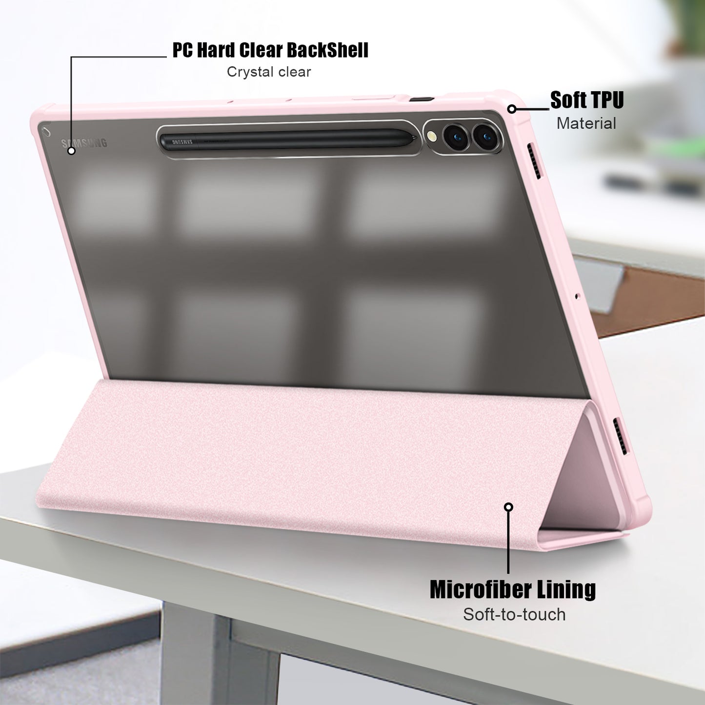 For Samsung Galaxy Tab S9+ (SM-X810 / SM-X816B / SM-X818U) Pen Slot Tablet Case Tri-fold Stand TPU+Acrylic+PU Leather Cover