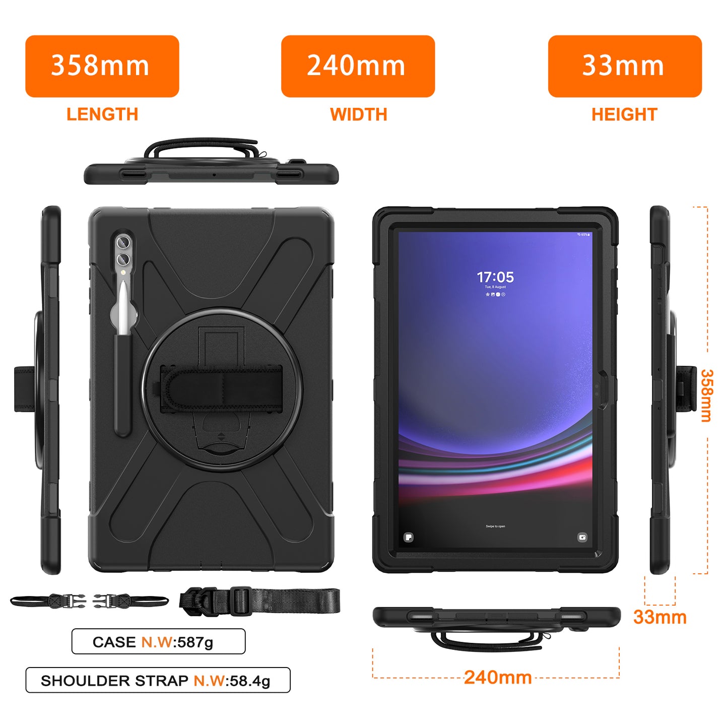 For Samsung Galaxy Tab S9 Ultra X910 / S8 Ultra X900 / X906 PC+Silicone Kickstand Tablet Case with Hand Band