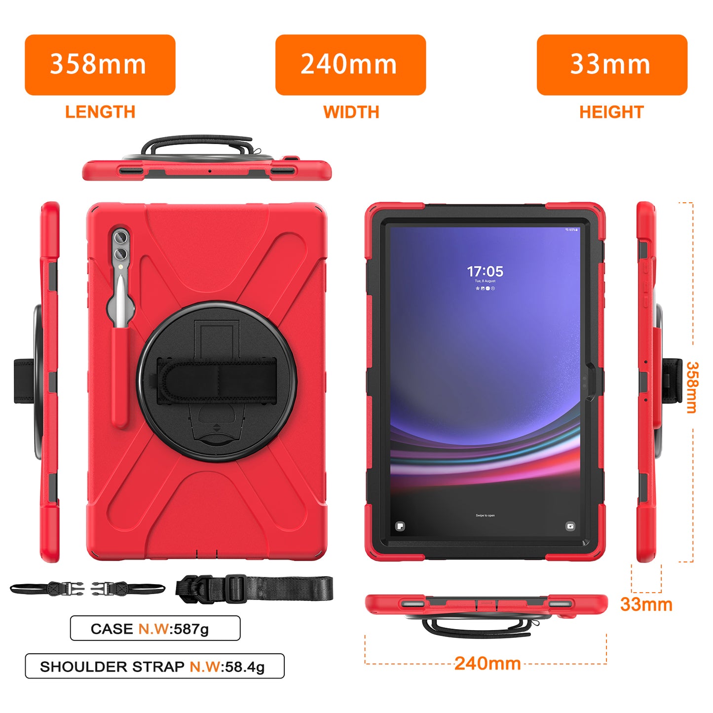 For Samsung Galaxy Tab S9 Ultra X910 / S8 Ultra X900 / X906 PC+Silicone Kickstand Tablet Case with Hand Band