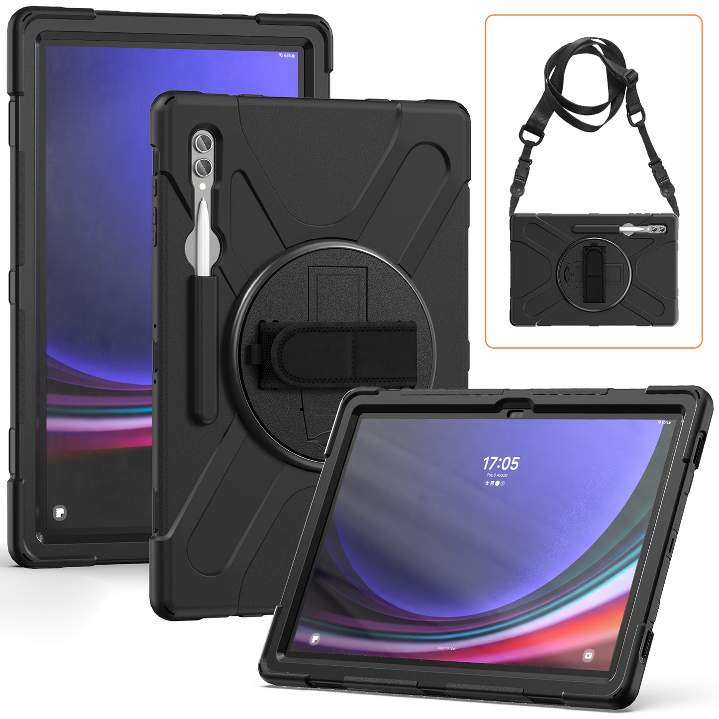 For Samsung Galaxy Tab S9 Ultra X910 / S8 Ultra X900 / X906 PC+Silicone Tablet Case Hand Band Kickstand with Shoulder Strap