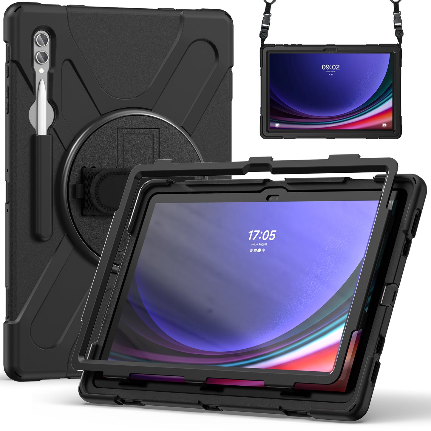 For Samsung Galaxy Tab S9 Ultra X910 / S8 Ultra X900 / X906 PC+Silicone Tablet Case Hand Band Kickstand with Shoulder Strap