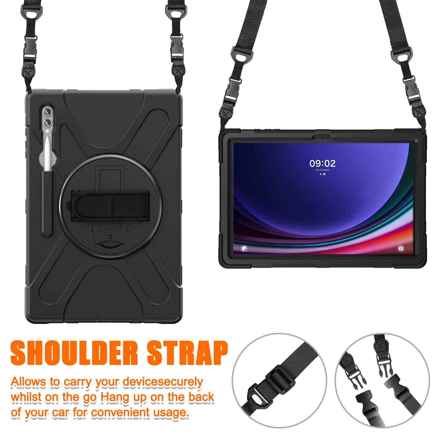 For Samsung Galaxy Tab S9 Ultra X910 / S8 Ultra X900 / X906 PC+Silicone Tablet Case Hand Band Kickstand with Shoulder Strap