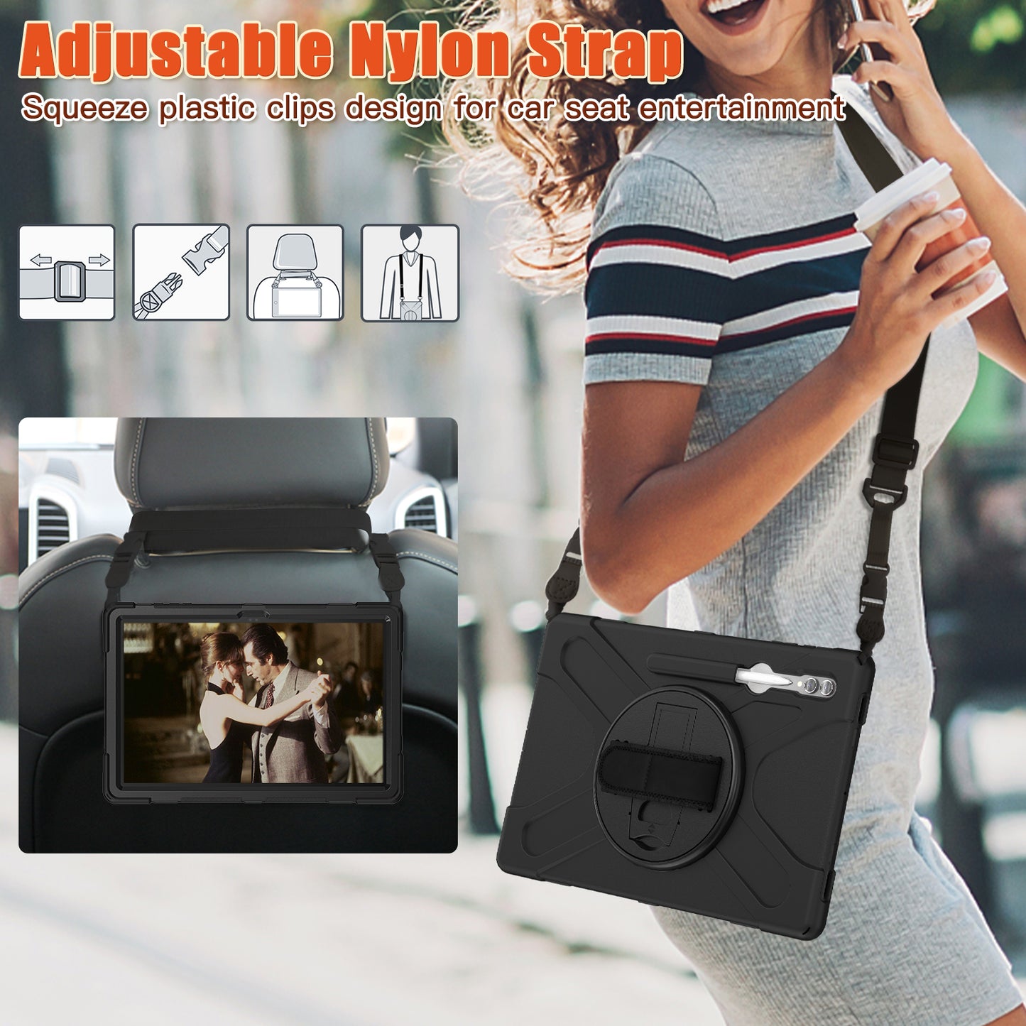 For Samsung Galaxy Tab S9 Ultra X910 / S8 Ultra X900 / X906 PC+Silicone Tablet Case Hand Band Kickstand with Shoulder Strap