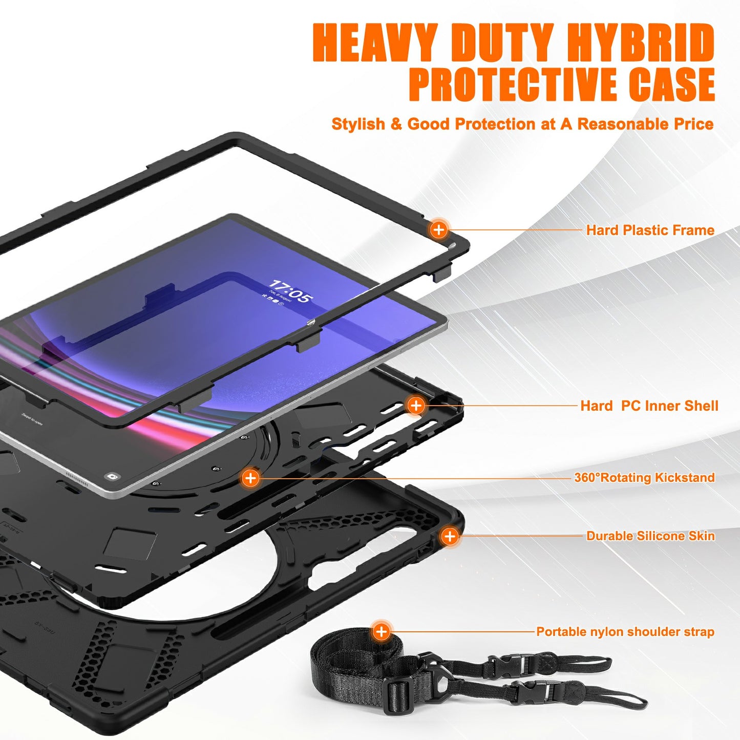 For Samsung Galaxy Tab S9 Ultra X910 / S8 Ultra X900 / X906 PC+Silicone Tablet Case Hand Band Kickstand with Shoulder Strap
