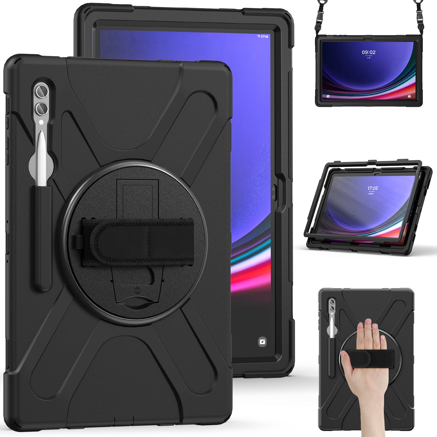 For Samsung Galaxy Tab S9 Ultra X910 / S8 Ultra X900 / X906 PC+Silicone Tablet Case Hand Band Kickstand with Shoulder Strap