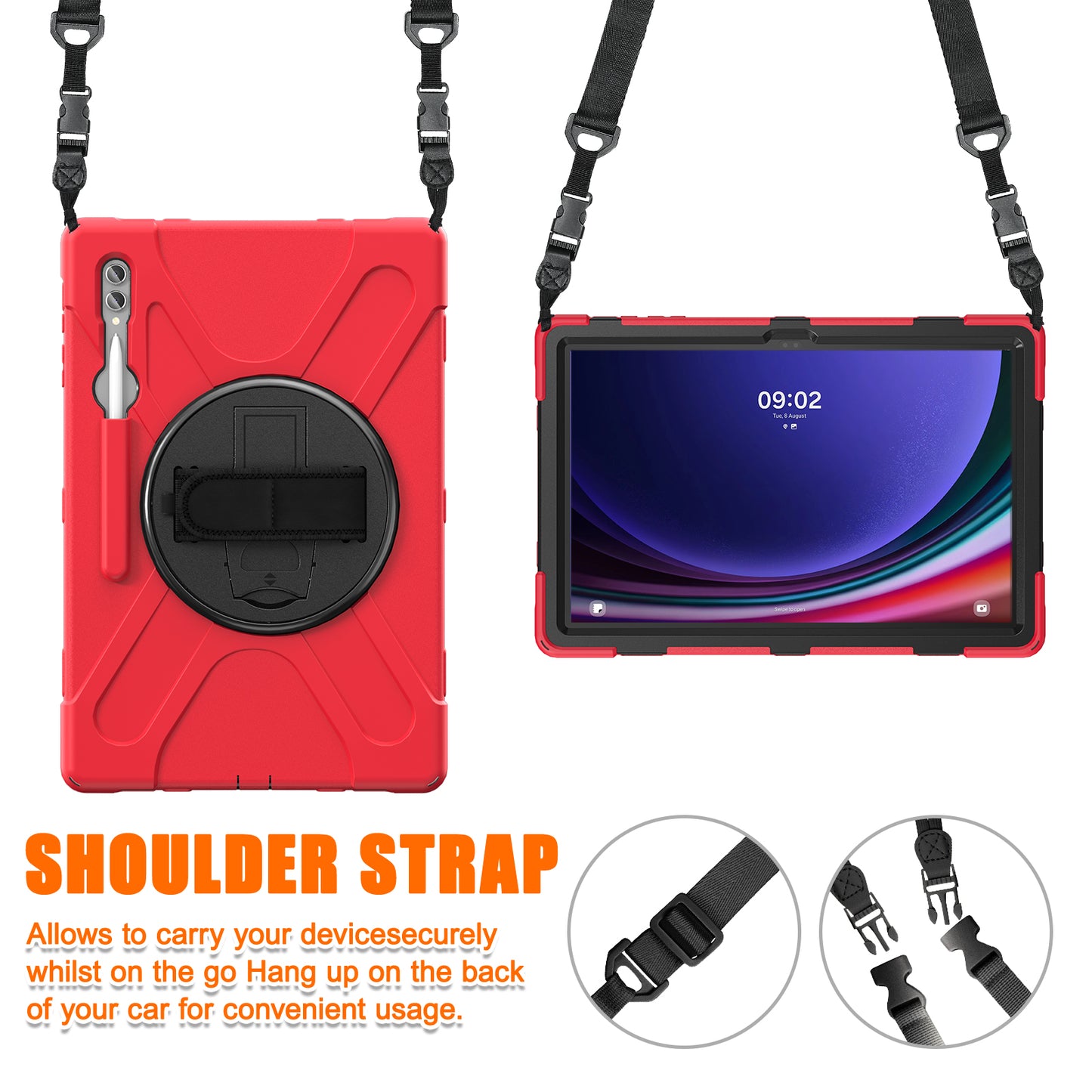 For Samsung Galaxy Tab S9 Ultra X910 / S8 Ultra X900 / X906 PC+Silicone Tablet Case Hand Band Kickstand with Shoulder Strap