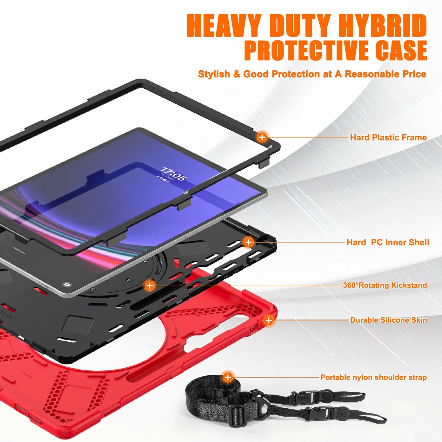 For Samsung Galaxy Tab S9 Ultra X910 / S8 Ultra X900 / X906 PC+Silicone Tablet Case Hand Band Kickstand with Shoulder Strap