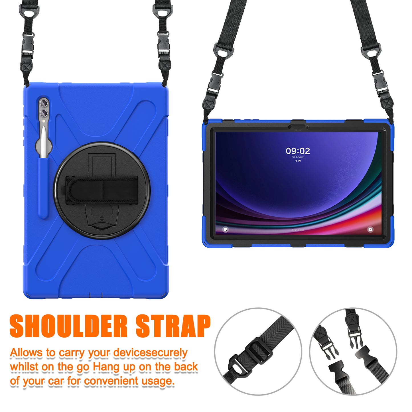 For Samsung Galaxy Tab S9 Ultra X910 / S8 Ultra X900 / X906 PC+Silicone Tablet Case Hand Band Kickstand with Shoulder Strap