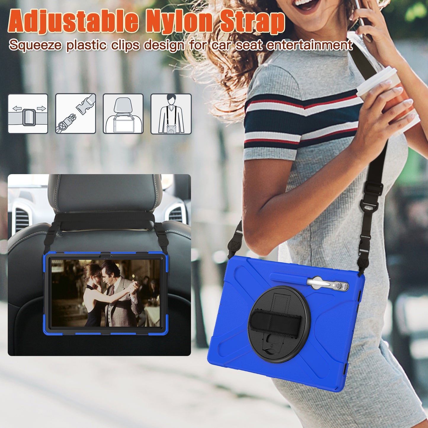 For Samsung Galaxy Tab S9 Ultra X910 / S8 Ultra X900 / X906 PC+Silicone Tablet Case Hand Band Kickstand with Shoulder Strap