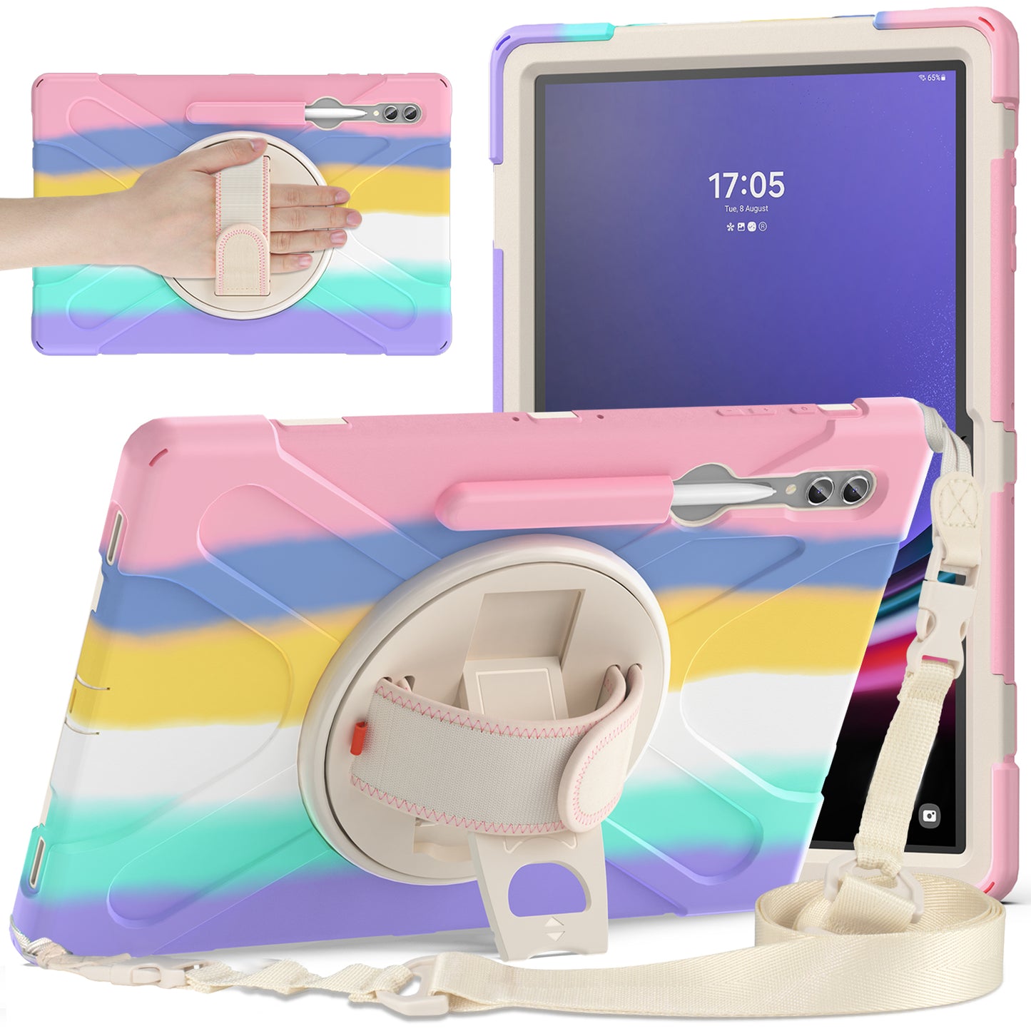 For Samsung Galaxy Tab S9 Ultra X910 / S8 Ultra X900 / X906 PC+Silicone Tablet Case Hand Band Kickstand with Shoulder Strap
