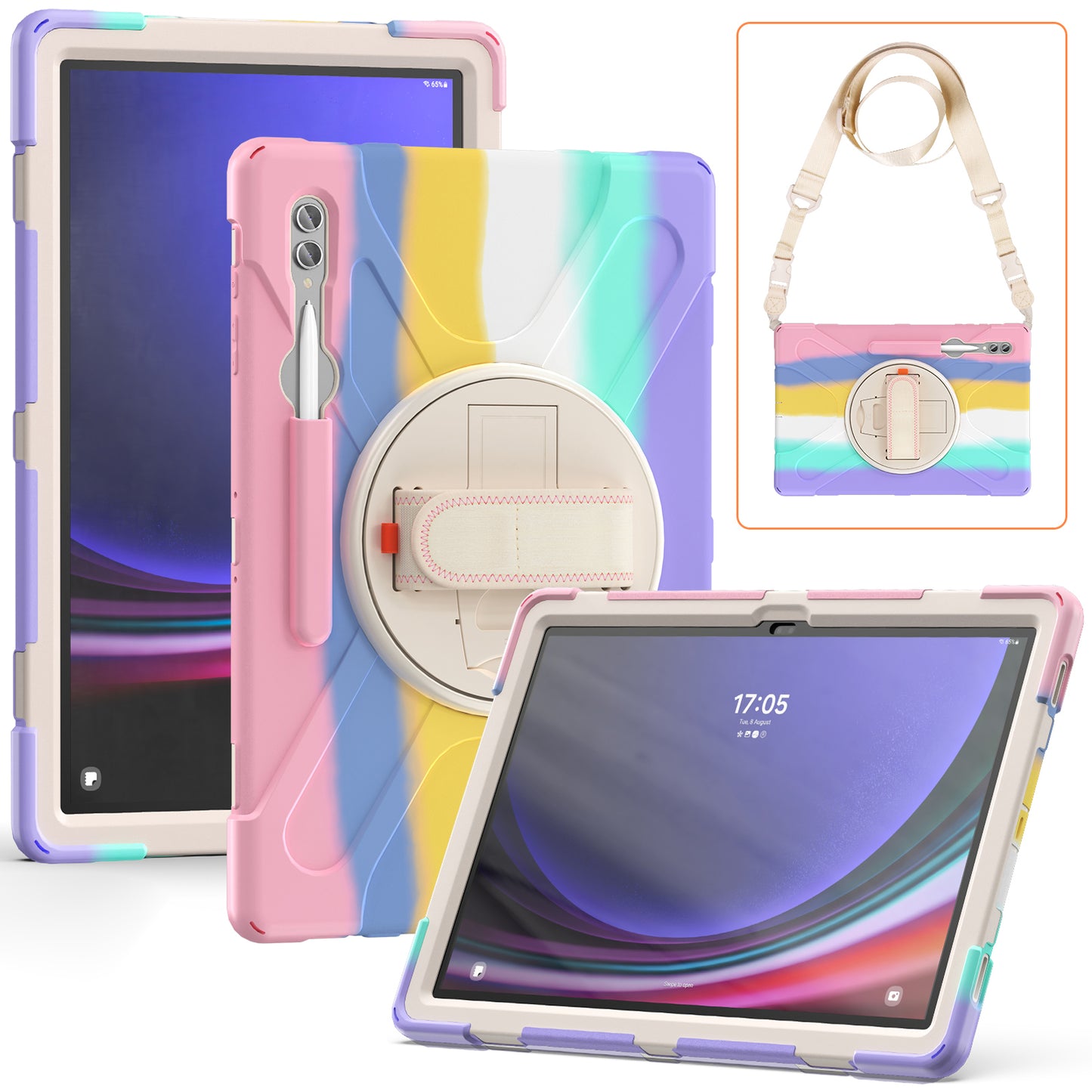 For Samsung Galaxy Tab S9 Ultra X910 / S8 Ultra X900 / X906 PC+Silicone Tablet Case Hand Band Kickstand with Shoulder Strap
