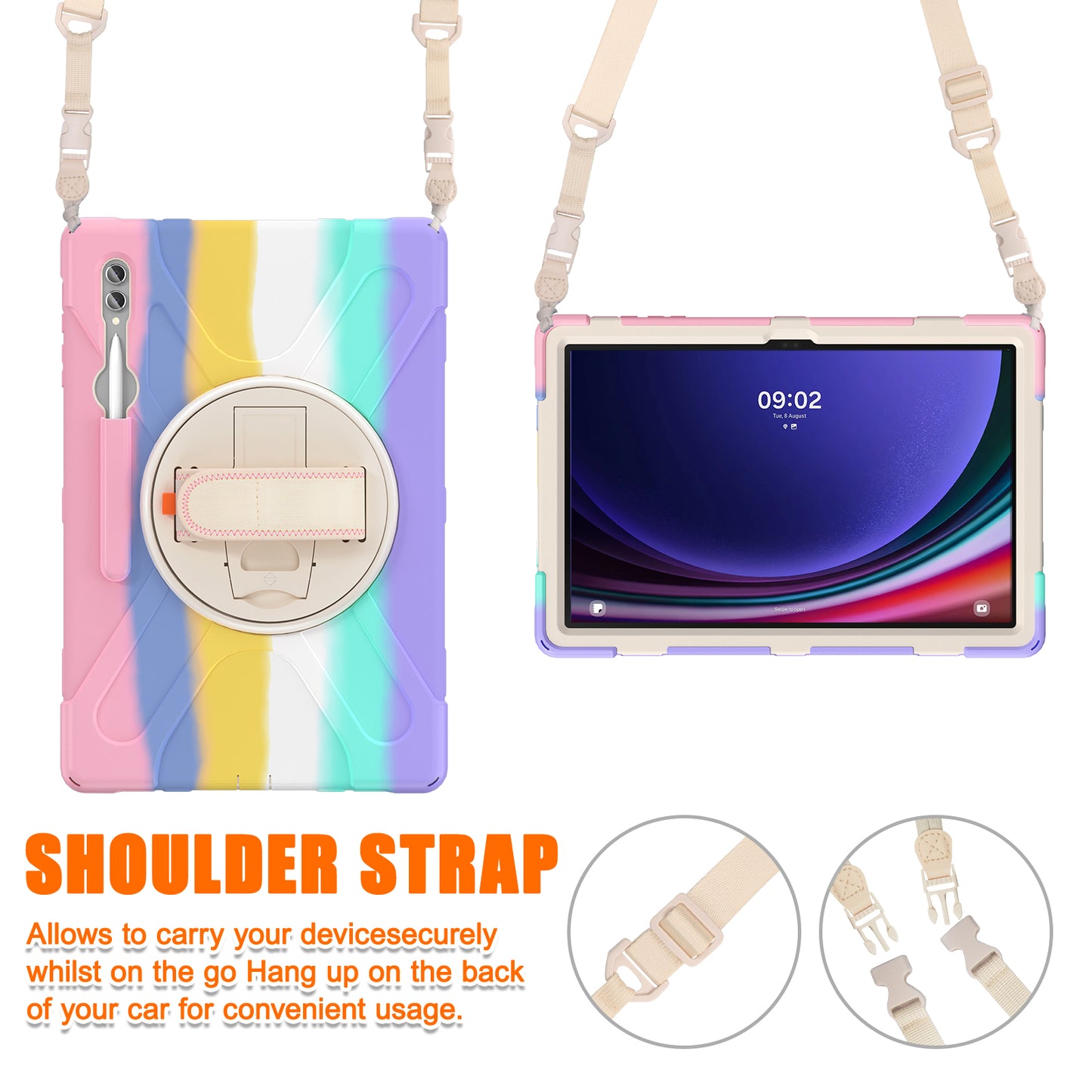 For Samsung Galaxy Tab S9 Ultra X910 / S8 Ultra X900 / X906 PC+Silicone Tablet Case Hand Band Kickstand with Shoulder Strap