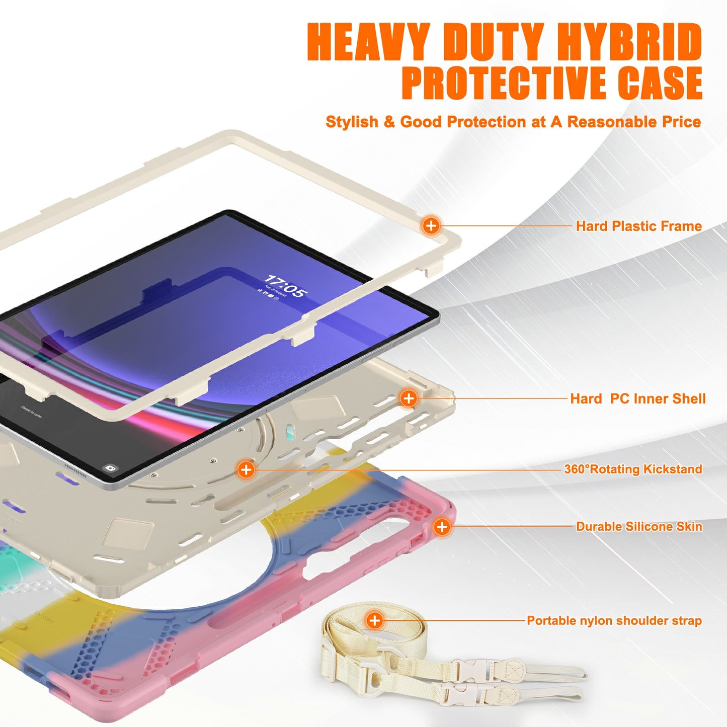 For Samsung Galaxy Tab S9 Ultra X910 / S8 Ultra X900 / X906 PC+Silicone Tablet Case Hand Band Kickstand with Shoulder Strap
