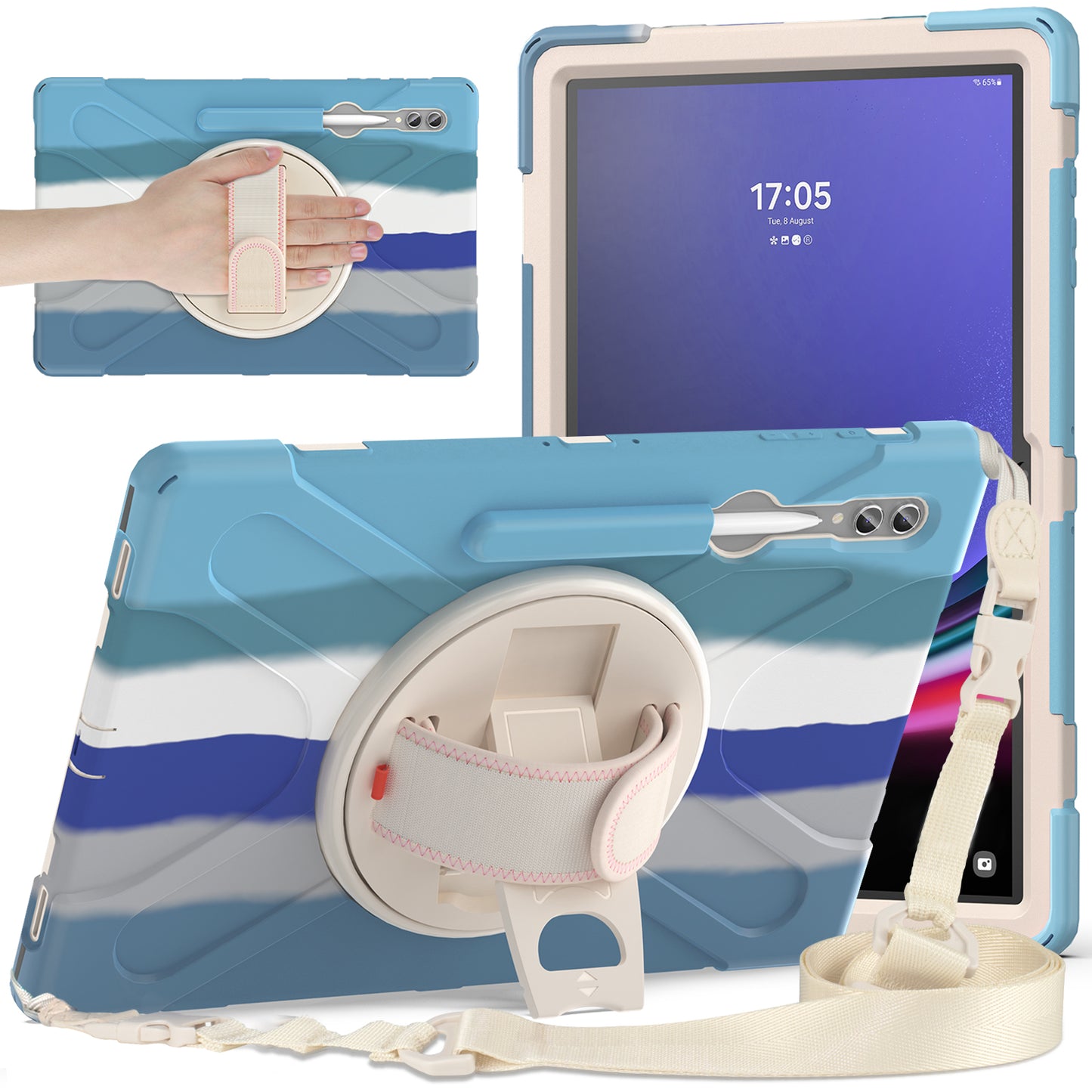 For Samsung Galaxy Tab S9 Ultra X910 / S8 Ultra X900 / X906 PC+Silicone Tablet Case Hand Band Kickstand with Shoulder Strap