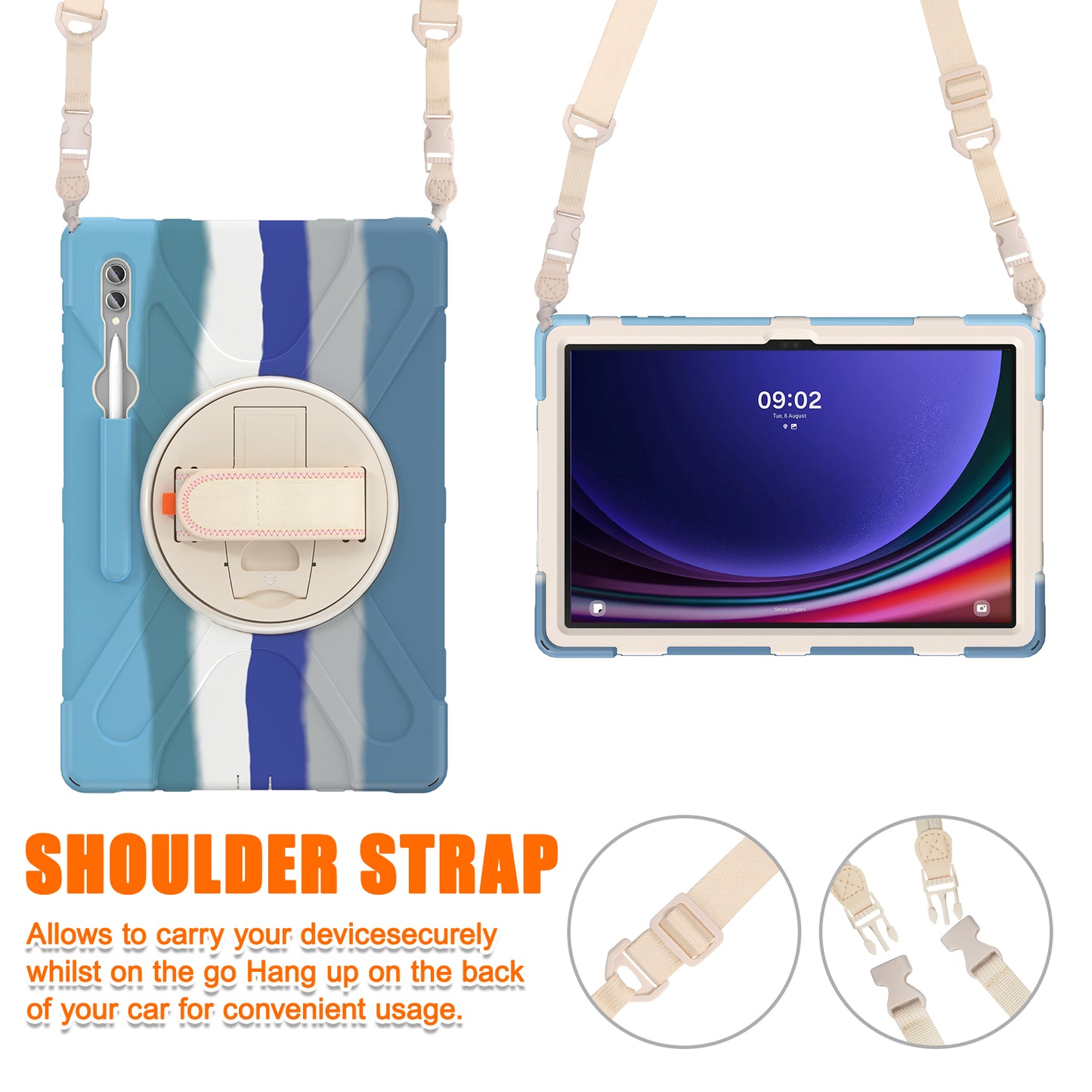 For Samsung Galaxy Tab S9 Ultra X910 / S8 Ultra X900 / X906 PC+Silicone Tablet Case Hand Band Kickstand with Shoulder Strap