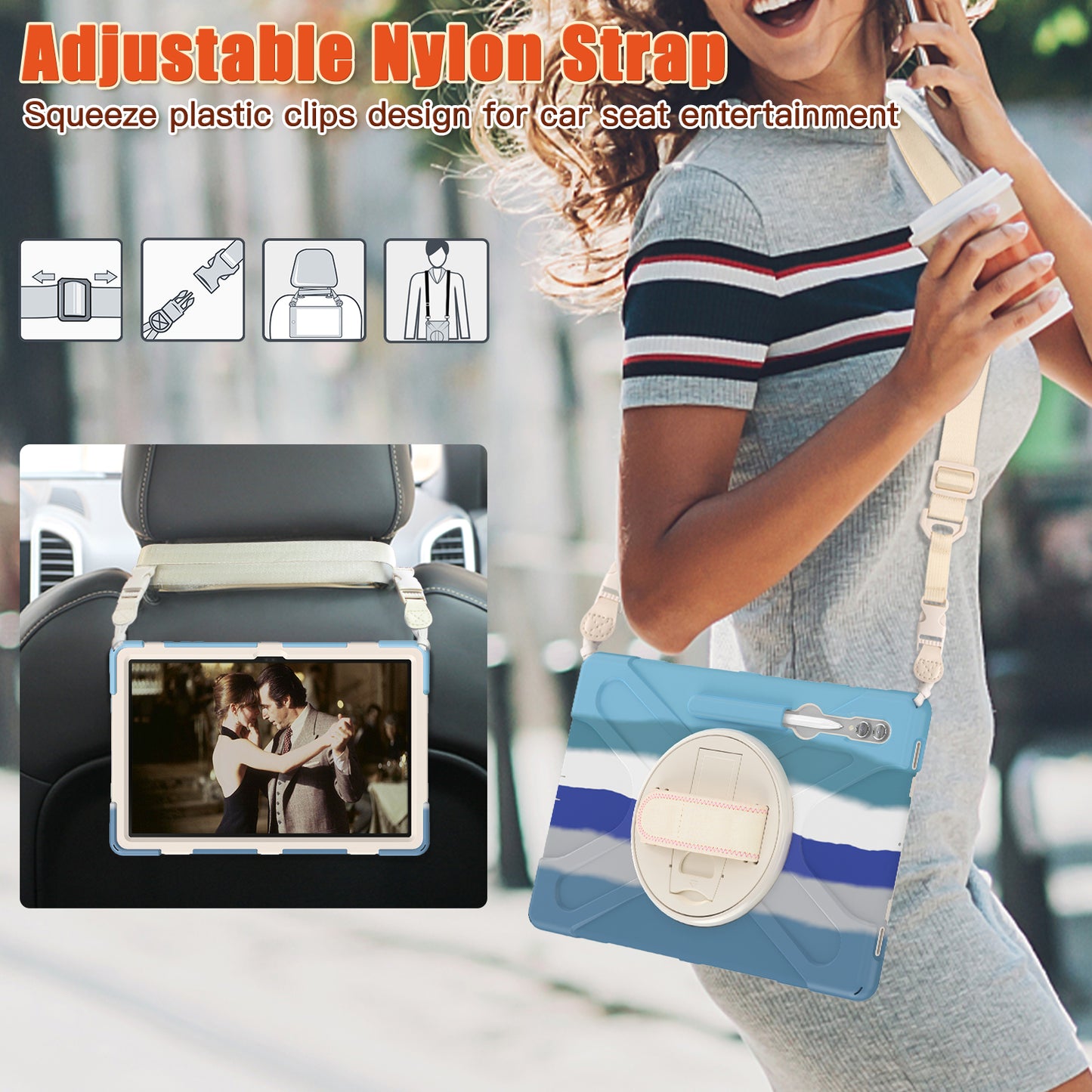 For Samsung Galaxy Tab S9 Ultra X910 / S8 Ultra X900 / X906 PC+Silicone Tablet Case Hand Band Kickstand with Shoulder Strap