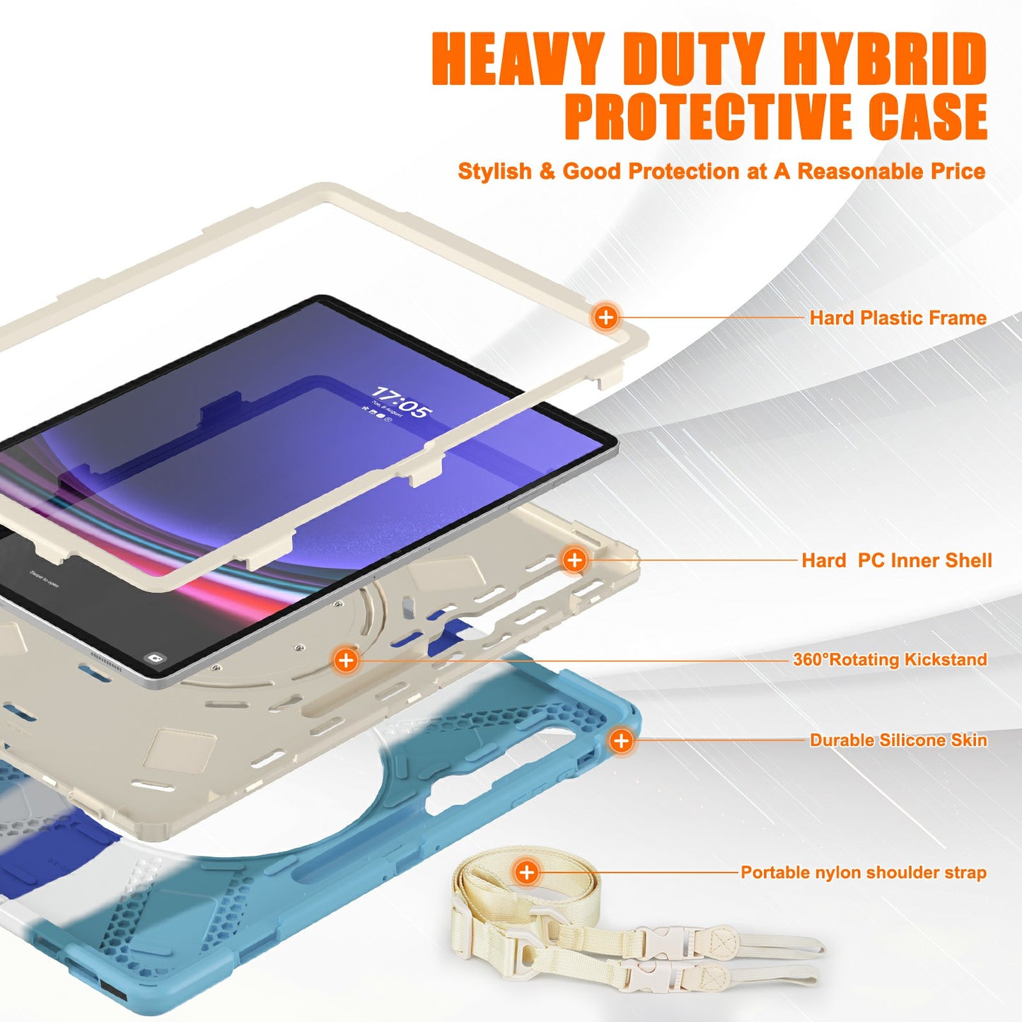For Samsung Galaxy Tab S9 Ultra X910 / S8 Ultra X900 / X906 PC+Silicone Tablet Case Hand Band Kickstand with Shoulder Strap