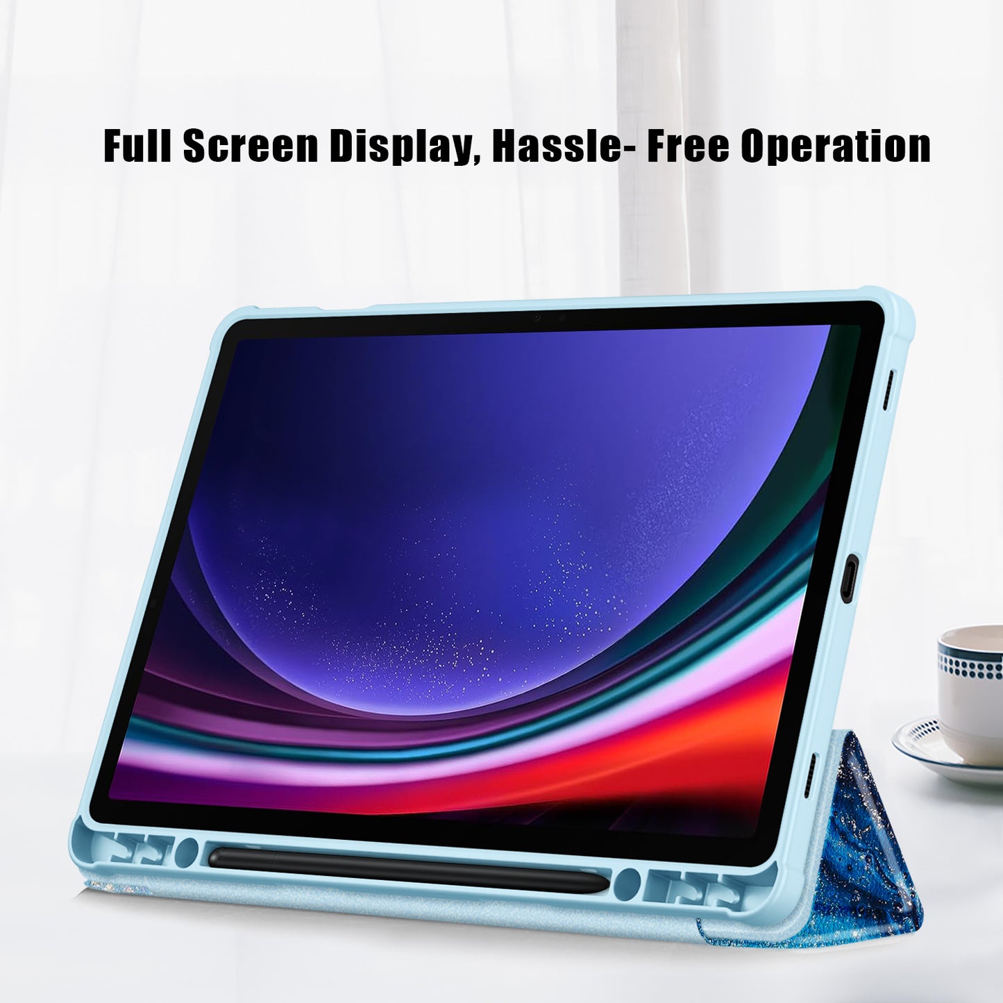 For Samsung Galaxy Tab S9 (SM-X710 / SM-X716B / SM-X718U) Tri-fold Stand Tablet Case Pattern Printing PU+TPU+Acrylic Protective Cover with Pen Slot