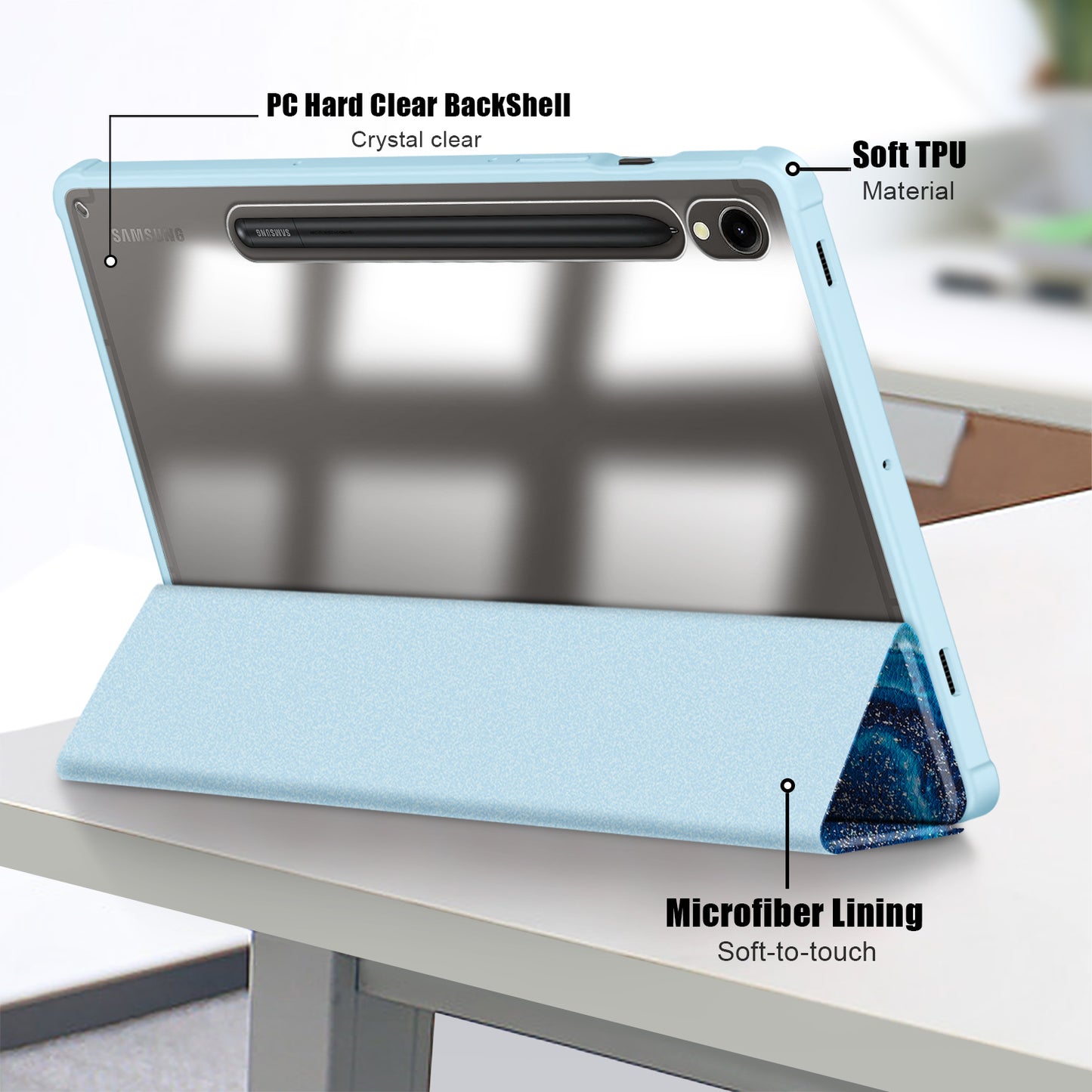 For Samsung Galaxy Tab S9 (SM-X710 / SM-X716B / SM-X718U) Tri-fold Stand Tablet Case Pattern Printing PU+TPU+Acrylic Protective Cover with Pen Slot