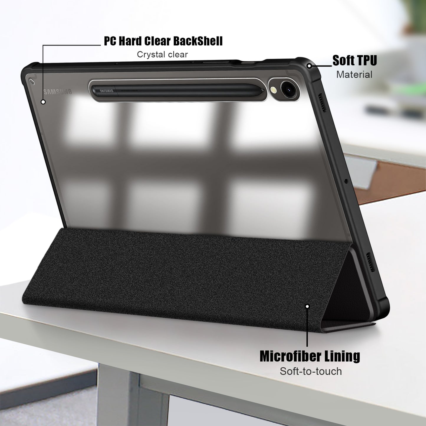 For Samsung Galaxy Tab S9 (SM-X710 / SM-X716B / SM-X718U) Tri-fold Stand Tablet Case Pattern Printing PU+TPU+Acrylic Protective Cover with Pen Slot