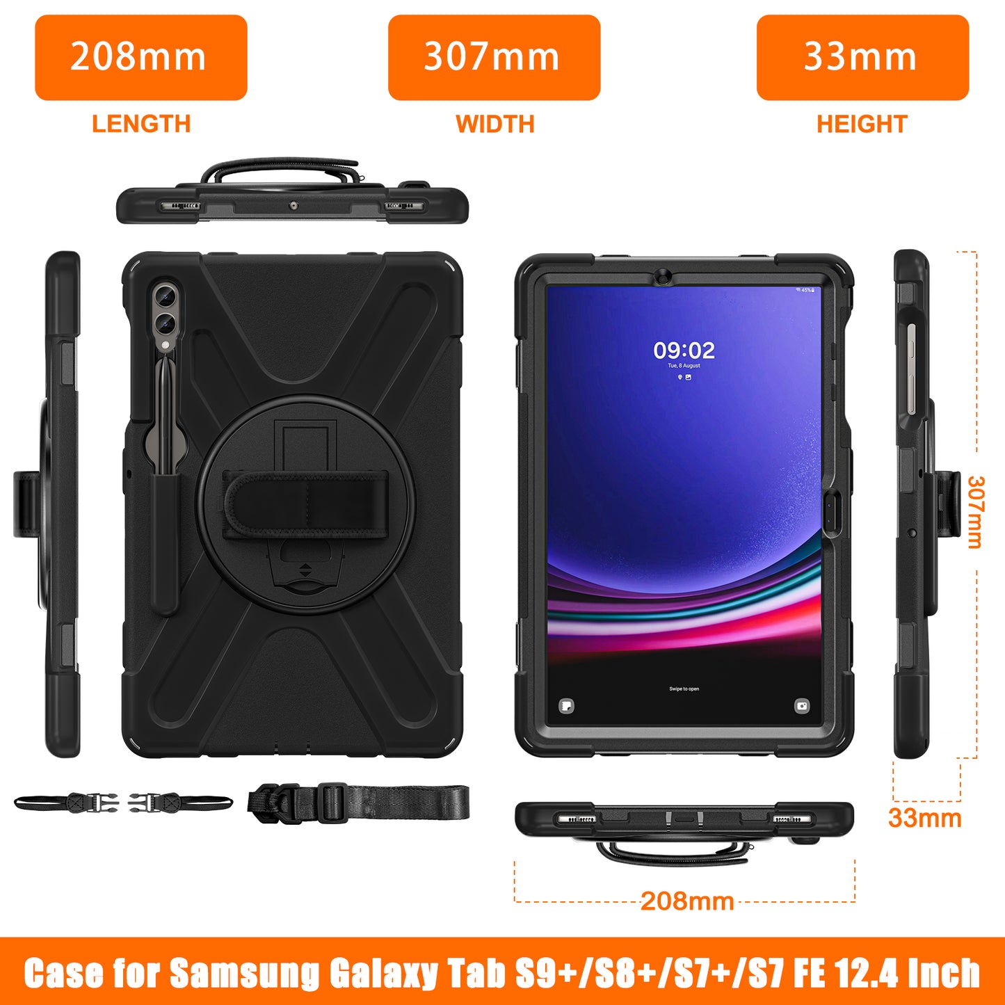 For Samsung Galaxy Tab S9 FE+ / S9+ / S8+ / S7 Wrist Strap Tablet Case Anti-scratch PC+Silicone Kickstand Cover