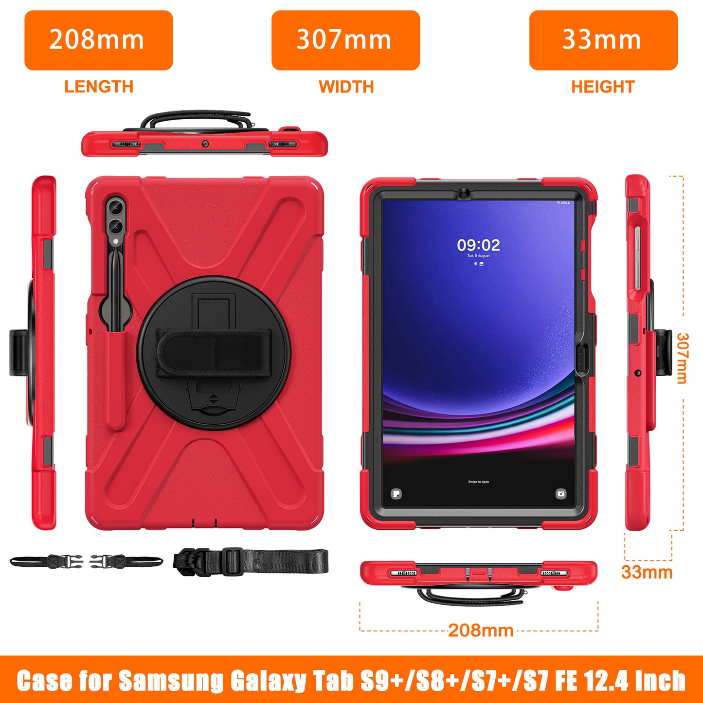 For Samsung Galaxy Tab S9 FE+ / S9+ / S8+ / S7 Wrist Strap Tablet Case Anti-scratch PC+Silicone Kickstand Cover