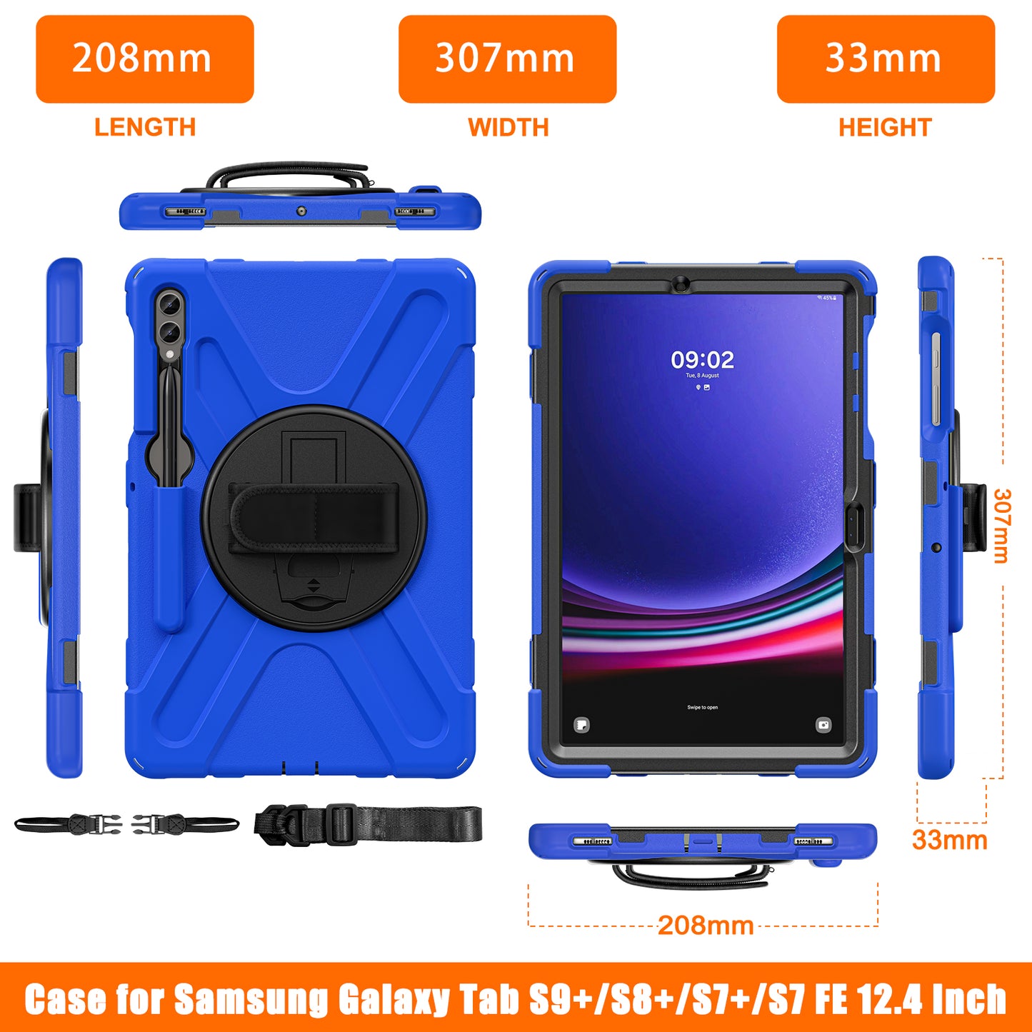 For Samsung Galaxy Tab S9 FE+ / S9+ / S8+ / S7 Wrist Strap Tablet Case Anti-scratch PC+Silicone Kickstand Cover