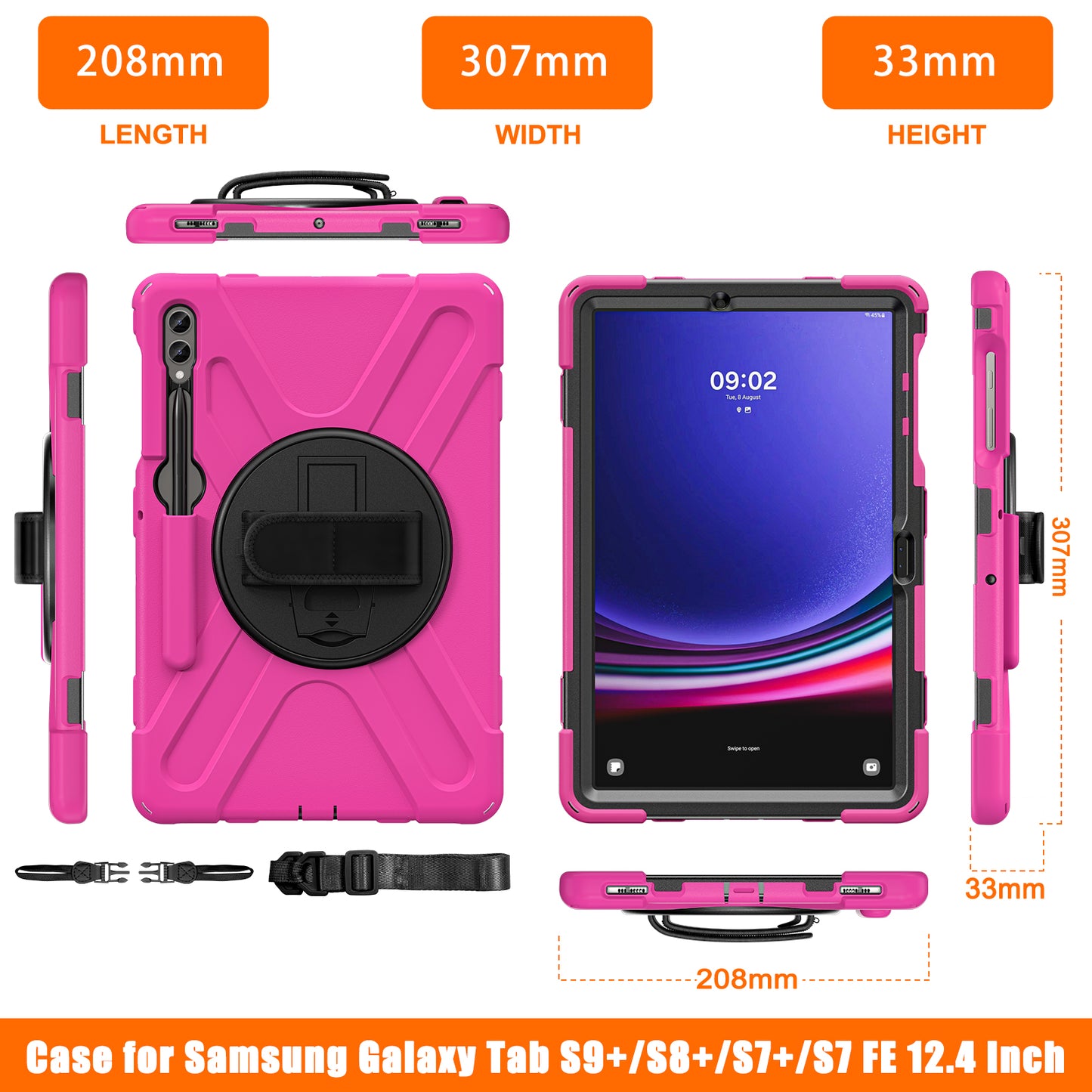 For Samsung Galaxy Tab S9 FE+ / S9+ / S8+ / S7 Wrist Strap Tablet Case Anti-scratch PC+Silicone Kickstand Cover