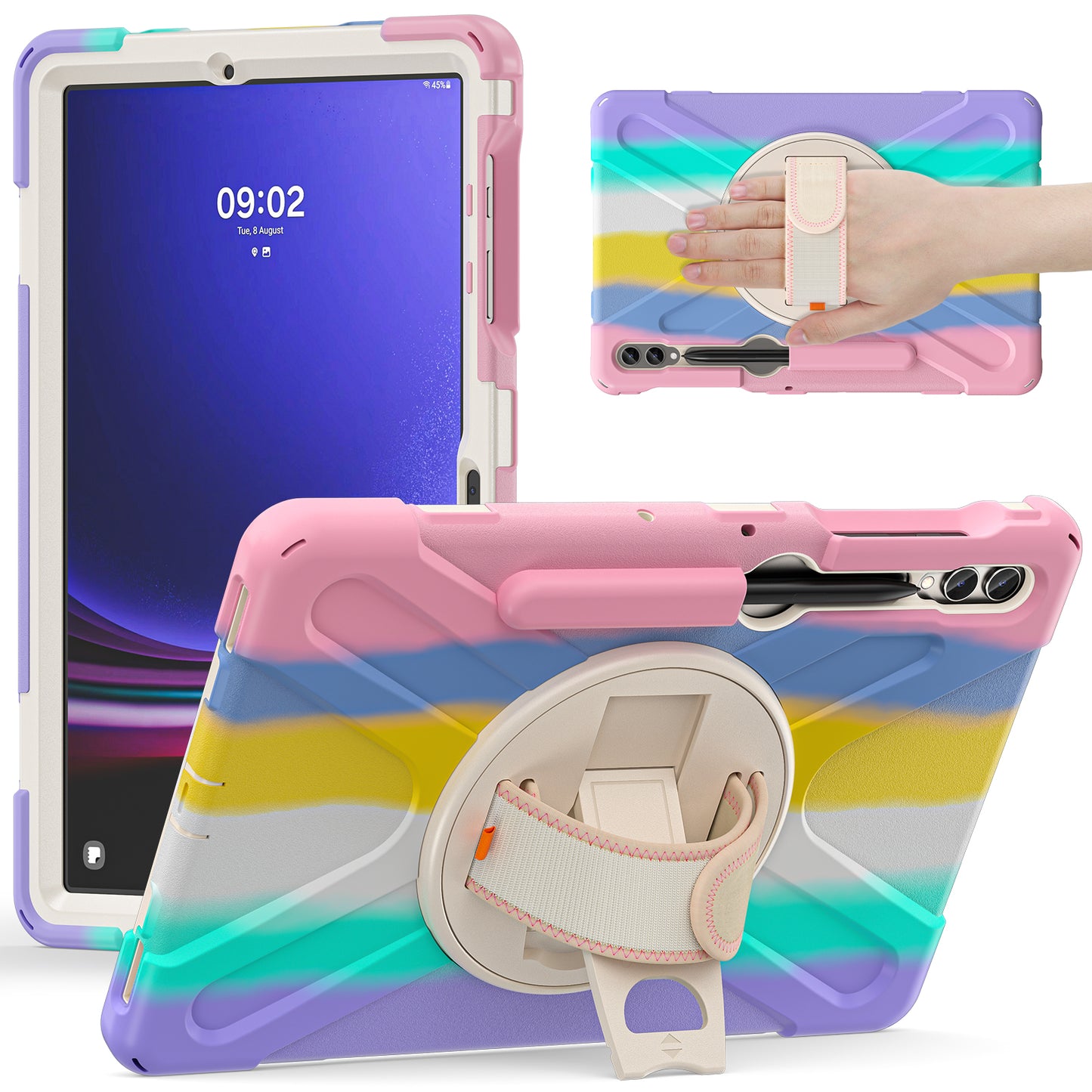 For Samsung Galaxy Tab S9 FE+ / S9+ / S8+ / S7 Wrist Strap Tablet Case Anti-scratch PC+Silicone Kickstand Cover