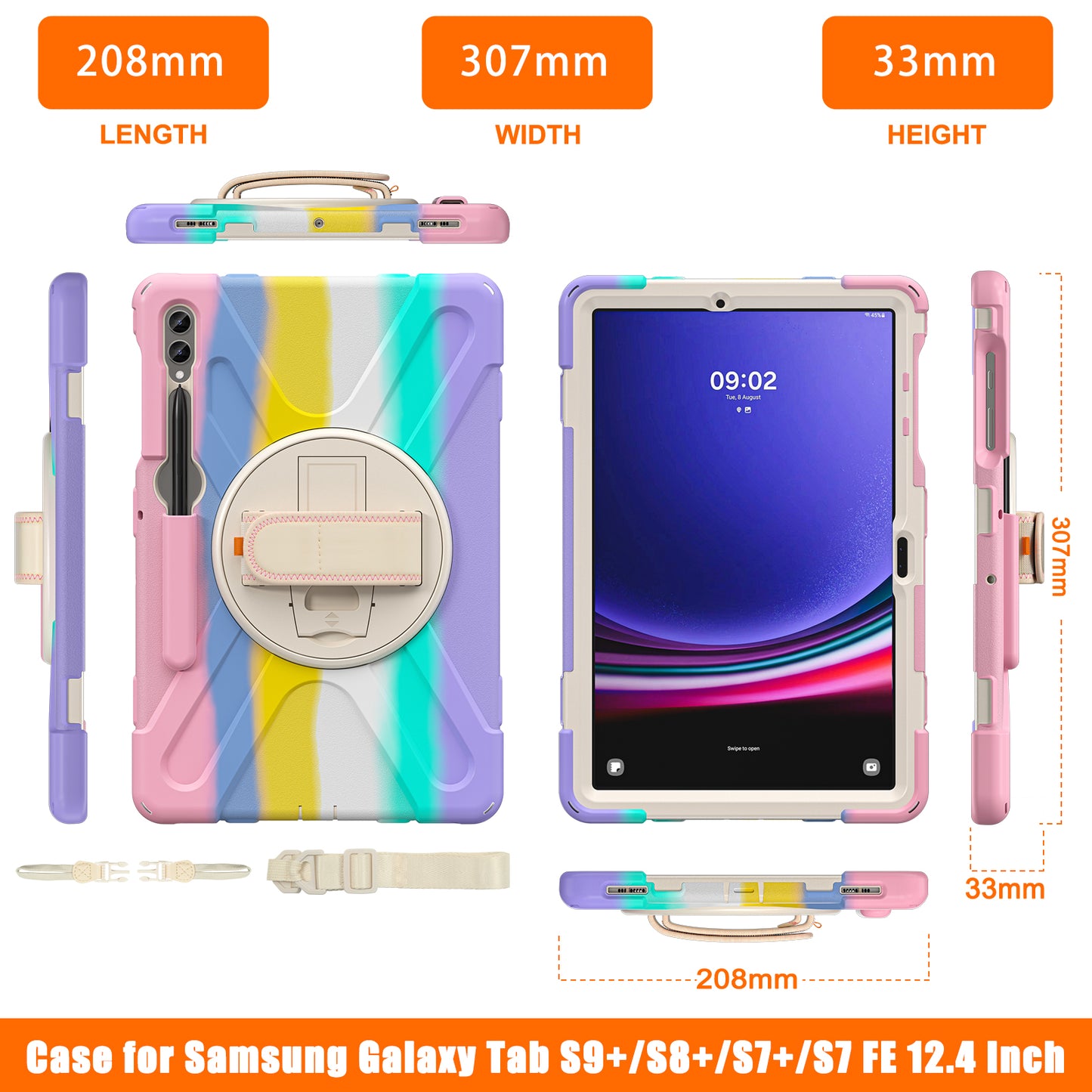 For Samsung Galaxy Tab S9 FE+ / S9+ / S8+ / S7 Wrist Strap Tablet Case Anti-scratch PC+Silicone Kickstand Cover