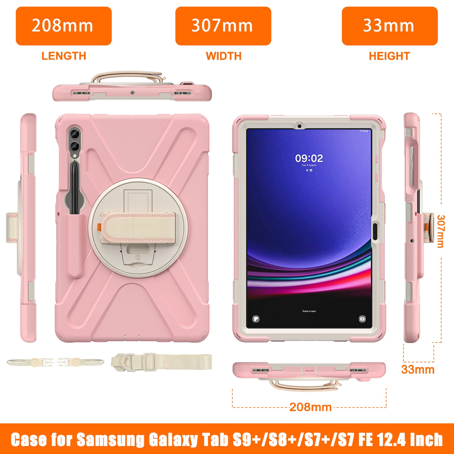 For Samsung Galaxy Tab S9 FE+ / S9+ / S8+ / S7 Wrist Strap Tablet Case Anti-scratch PC+Silicone Kickstand Cover