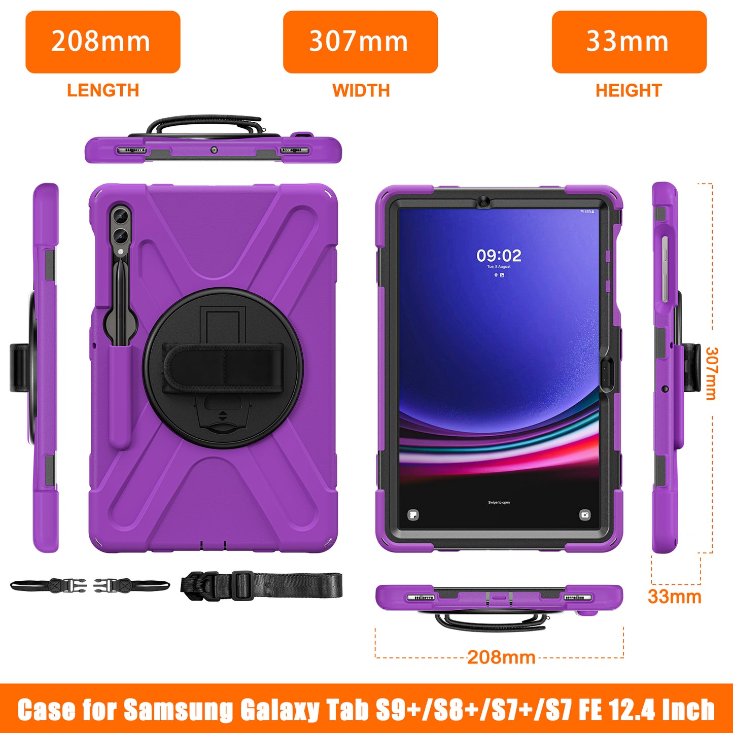 For Samsung Galaxy Tab S9 FE+ / S9+ / S8+ / S7 Wrist Strap Tablet Case Anti-scratch PC+Silicone Kickstand Cover