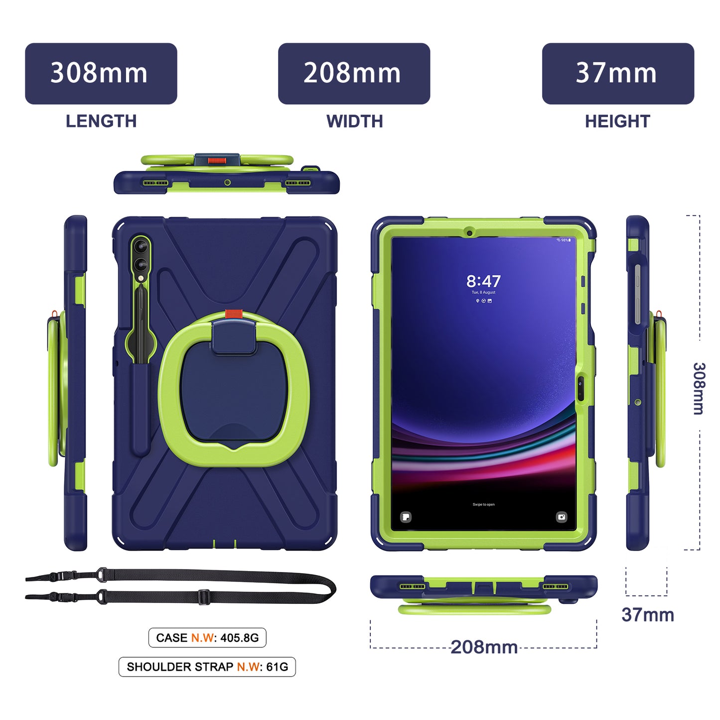 For Samsung Galaxy Tab S9 FE+ / S9+ / S8+ / S7+ PC+Silicone Protective Case Rotating Kickstand Rugged Tablet Cover with Handle Design