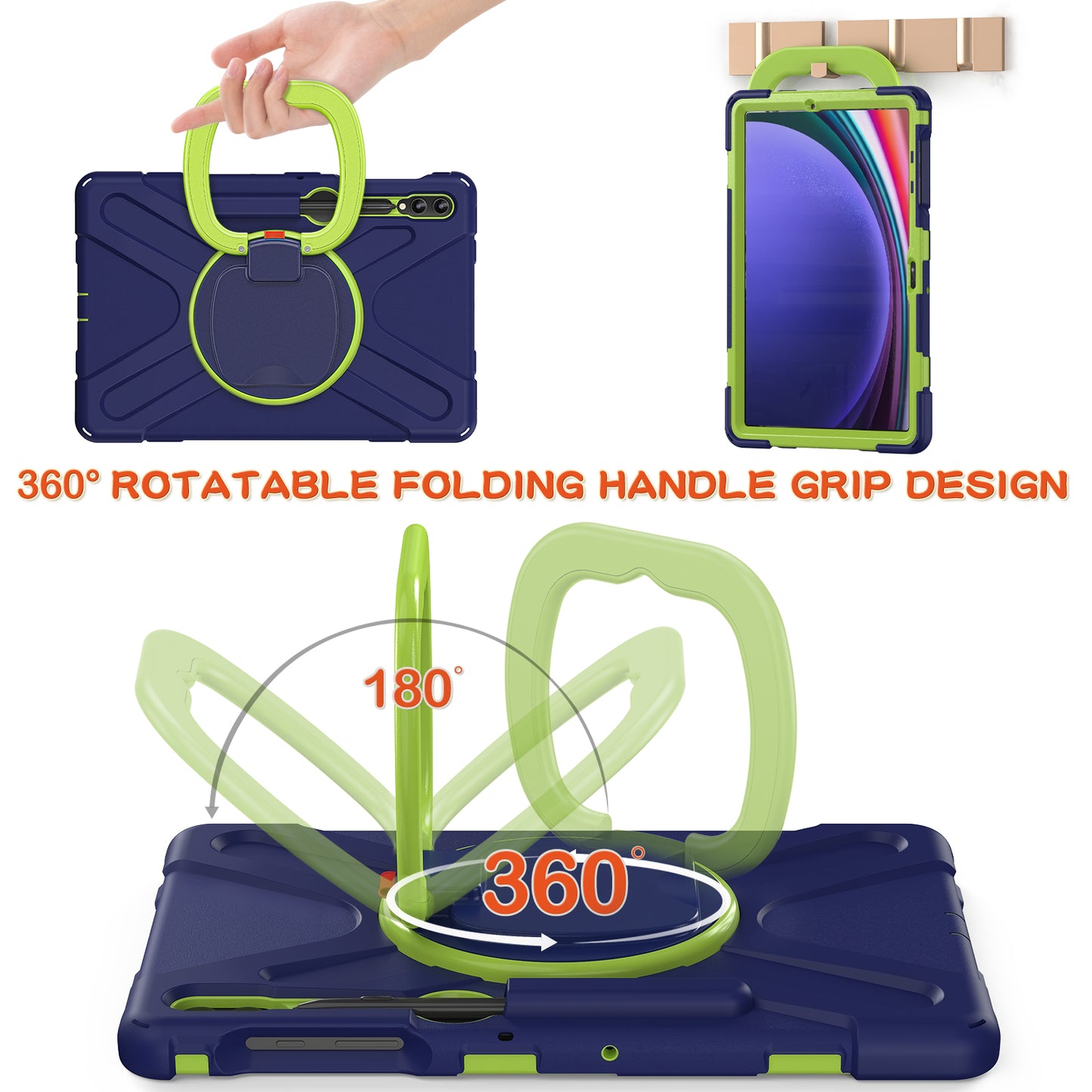 For Samsung Galaxy Tab S9 FE+ / S9+ / S8+ / S7+ PC+Silicone Protective Case Rotating Kickstand Rugged Tablet Cover with Handle Design