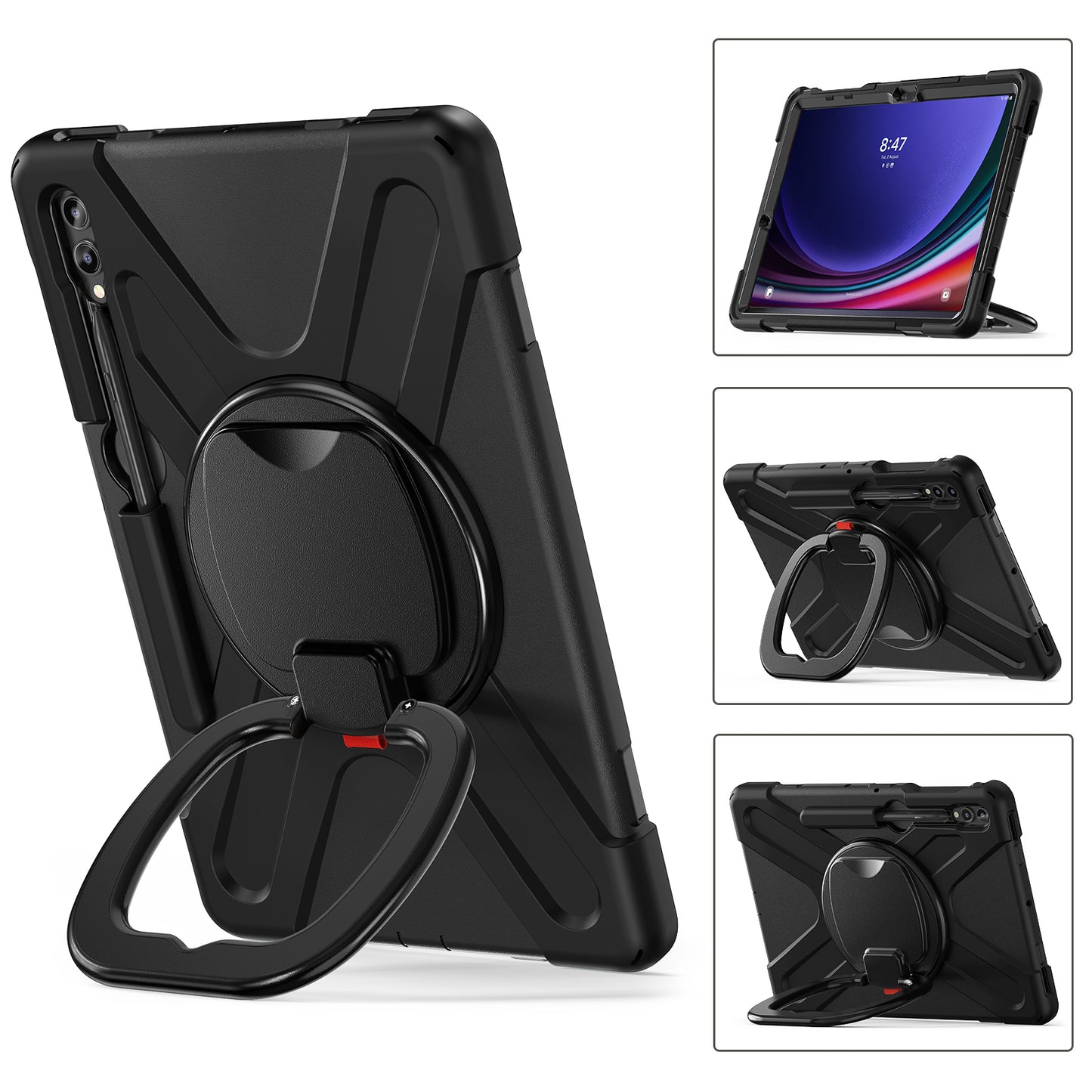 For Samsung Galaxy Tab S9 FE+ / S9+ / S8+ / S7+ PC+Silicone Protective Case Rotating Kickstand Rugged Tablet Cover with Handle Design