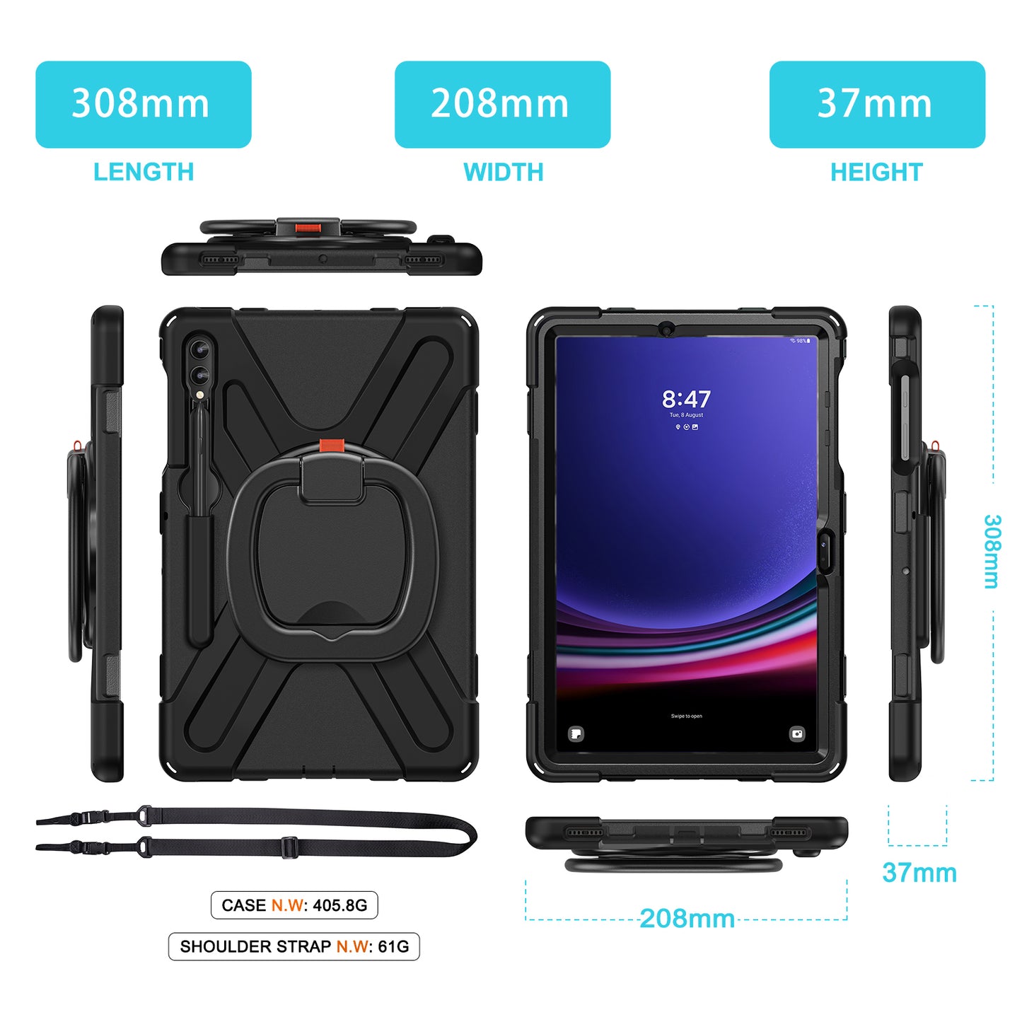 For Samsung Galaxy Tab S9 FE+ / S9+ / S8+ / S7+ PC+Silicone Protective Case Rotating Kickstand Rugged Tablet Cover with Handle Design