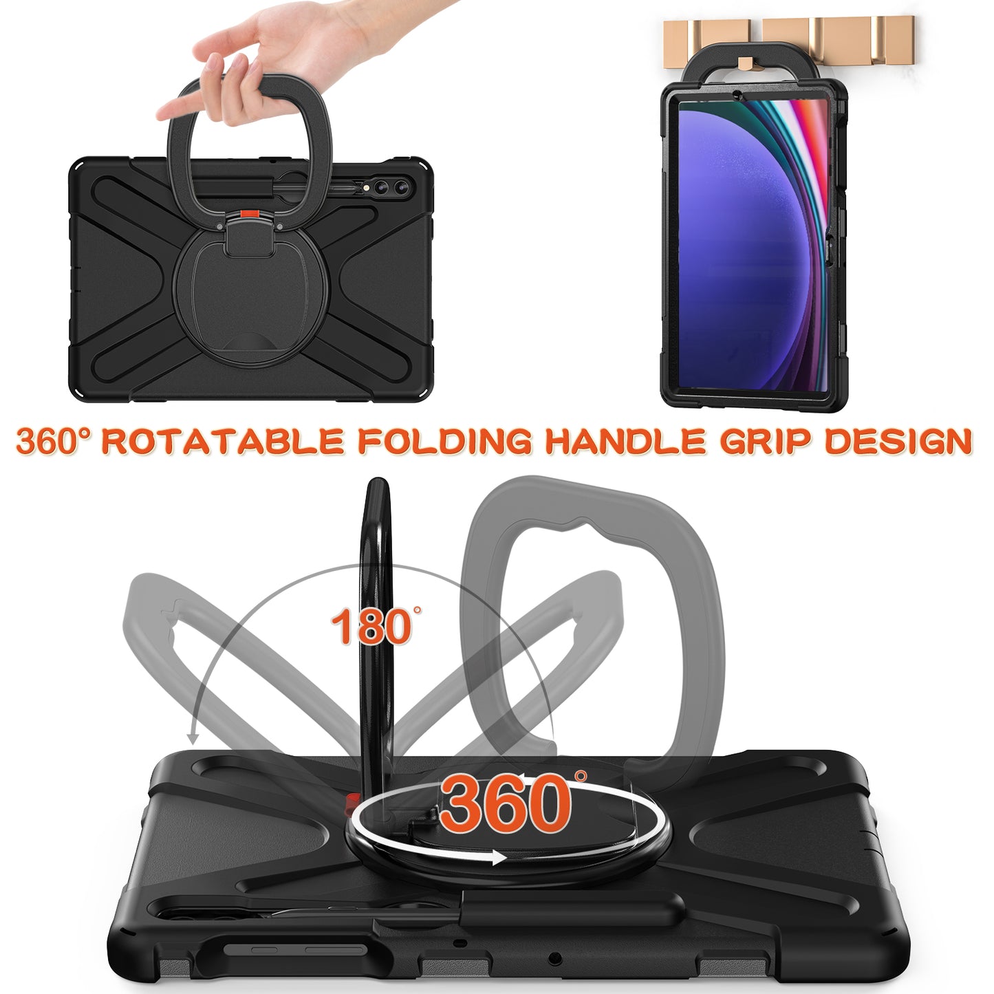 For Samsung Galaxy Tab S9 FE+ / S9+ / S8+ / S7+ PC+Silicone Protective Case Rotating Kickstand Rugged Tablet Cover with Handle Design