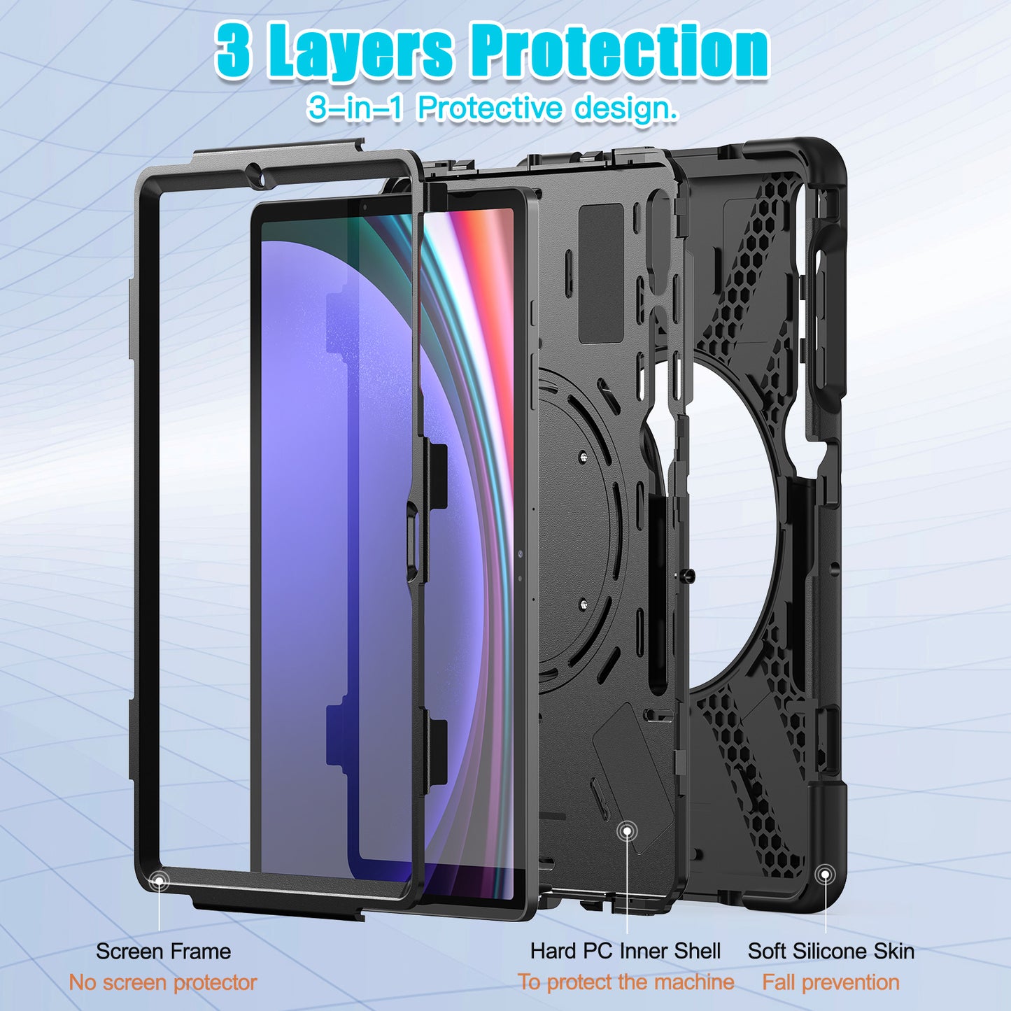 For Samsung Galaxy Tab S9 FE+ / S9+ / S8+ / S7+ PC+Silicone Protective Case Rotating Kickstand Rugged Tablet Cover with Handle Design