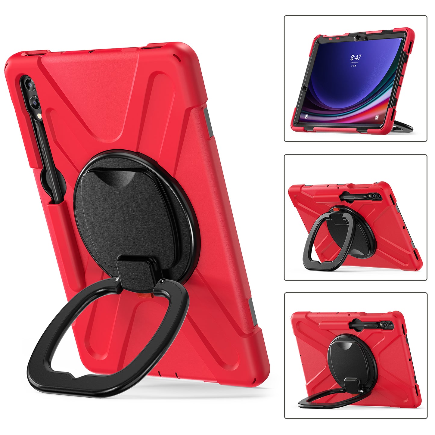 For Samsung Galaxy Tab S9 FE+ / S9+ / S8+ / S7+ PC+Silicone Protective Case Rotating Kickstand Rugged Tablet Cover with Handle Design