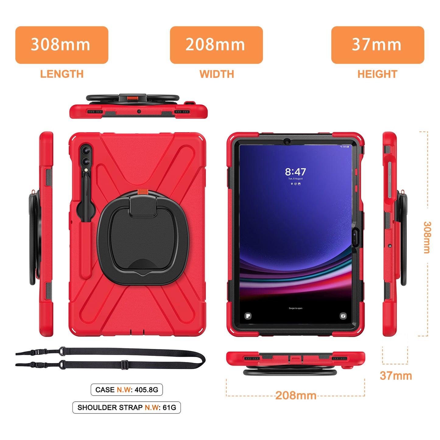 For Samsung Galaxy Tab S9 FE+ / S9+ / S8+ / S7+ PC+Silicone Protective Case Rotating Kickstand Rugged Tablet Cover with Handle Design