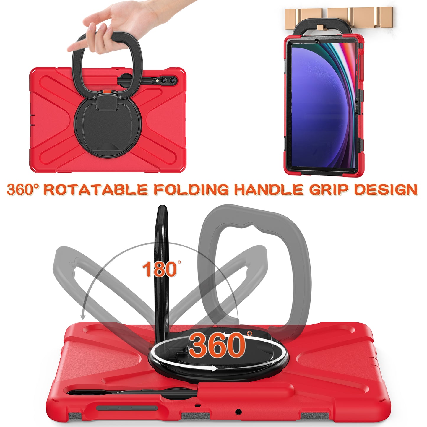 For Samsung Galaxy Tab S9 FE+ / S9+ / S8+ / S7+ PC+Silicone Protective Case Rotating Kickstand Rugged Tablet Cover with Handle Design