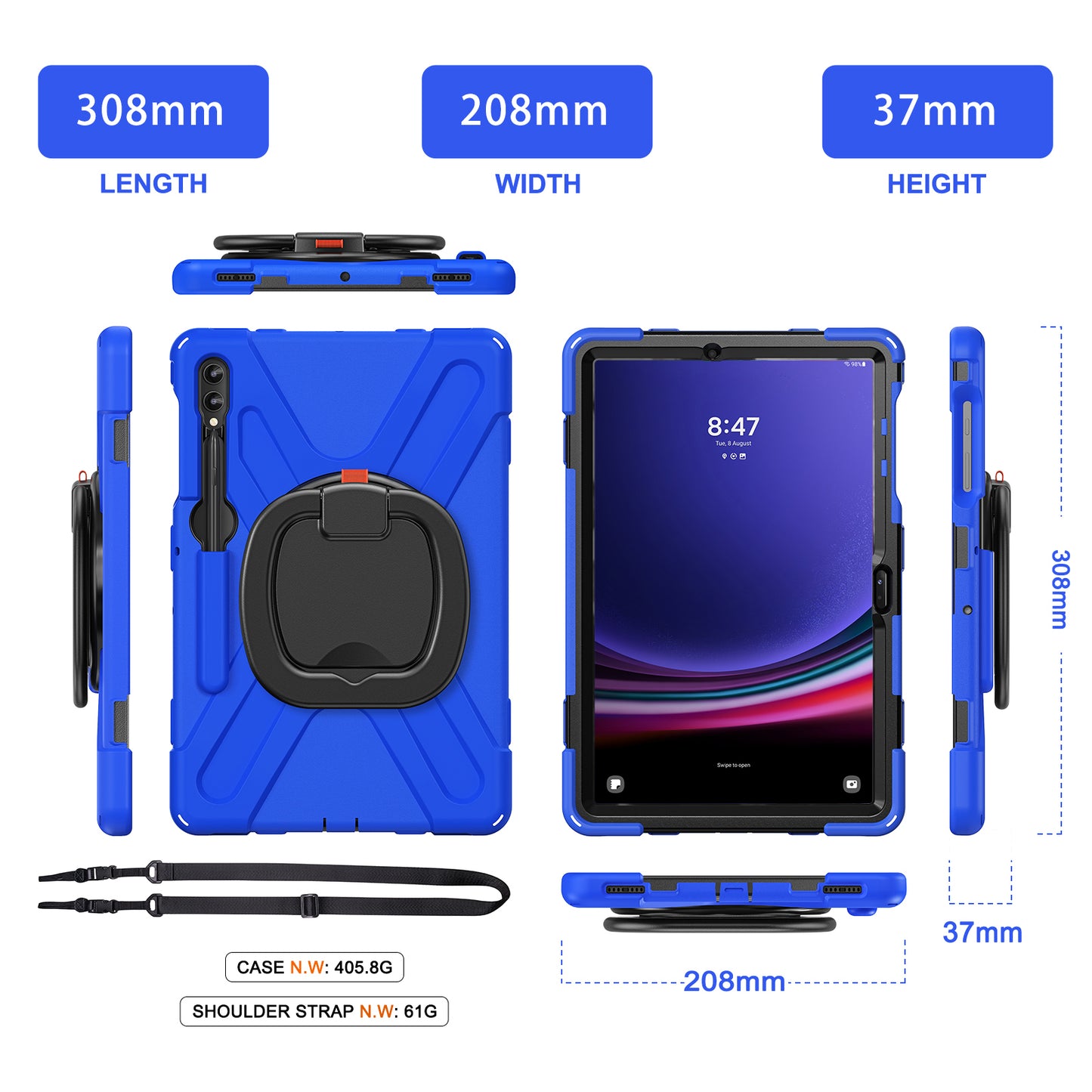 For Samsung Galaxy Tab S9 FE+ / S9+ / S8+ / S7+ PC+Silicone Protective Case Rotating Kickstand Rugged Tablet Cover with Handle Design